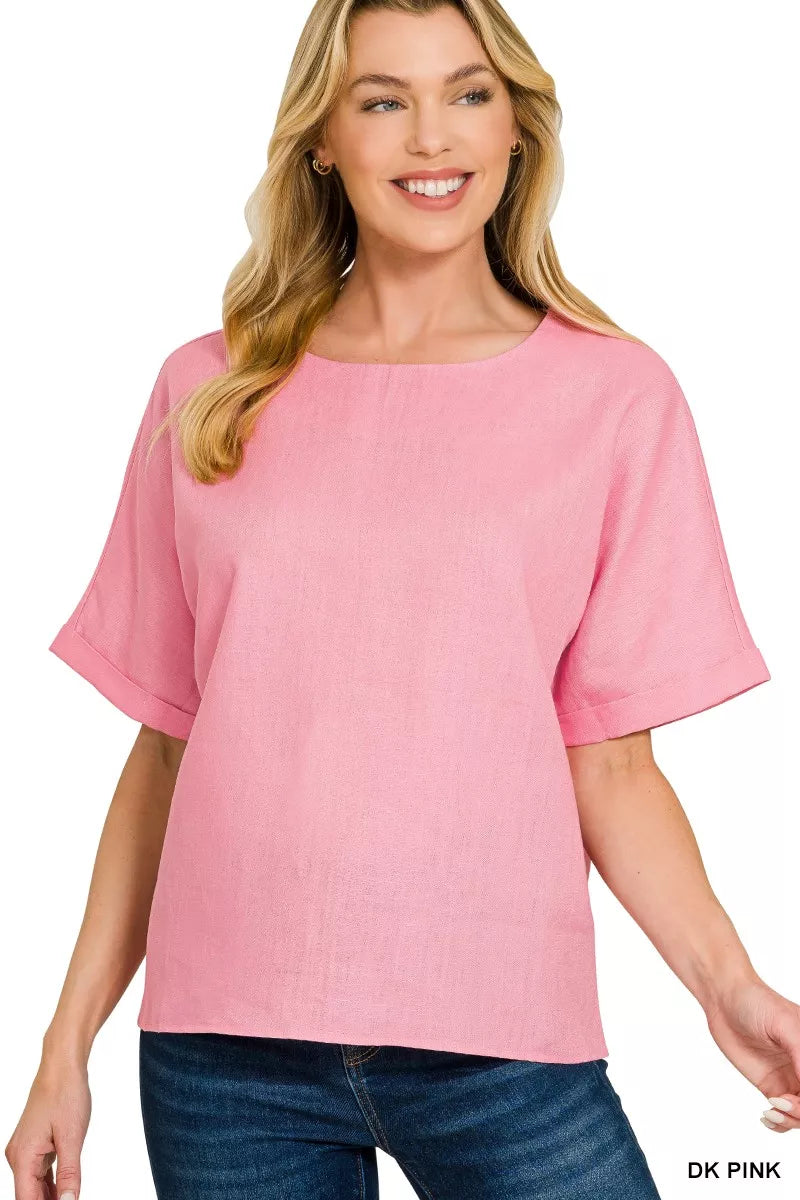 Zenana Linen Round Neck Cuffed Sleeve Top
