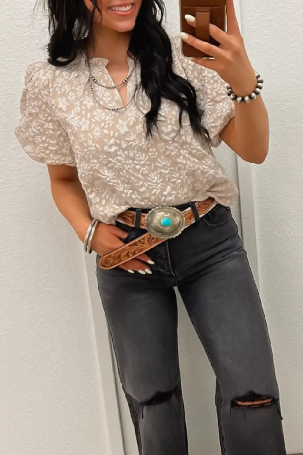 Floral Textured Jacquard Puff Sleeve Blouse