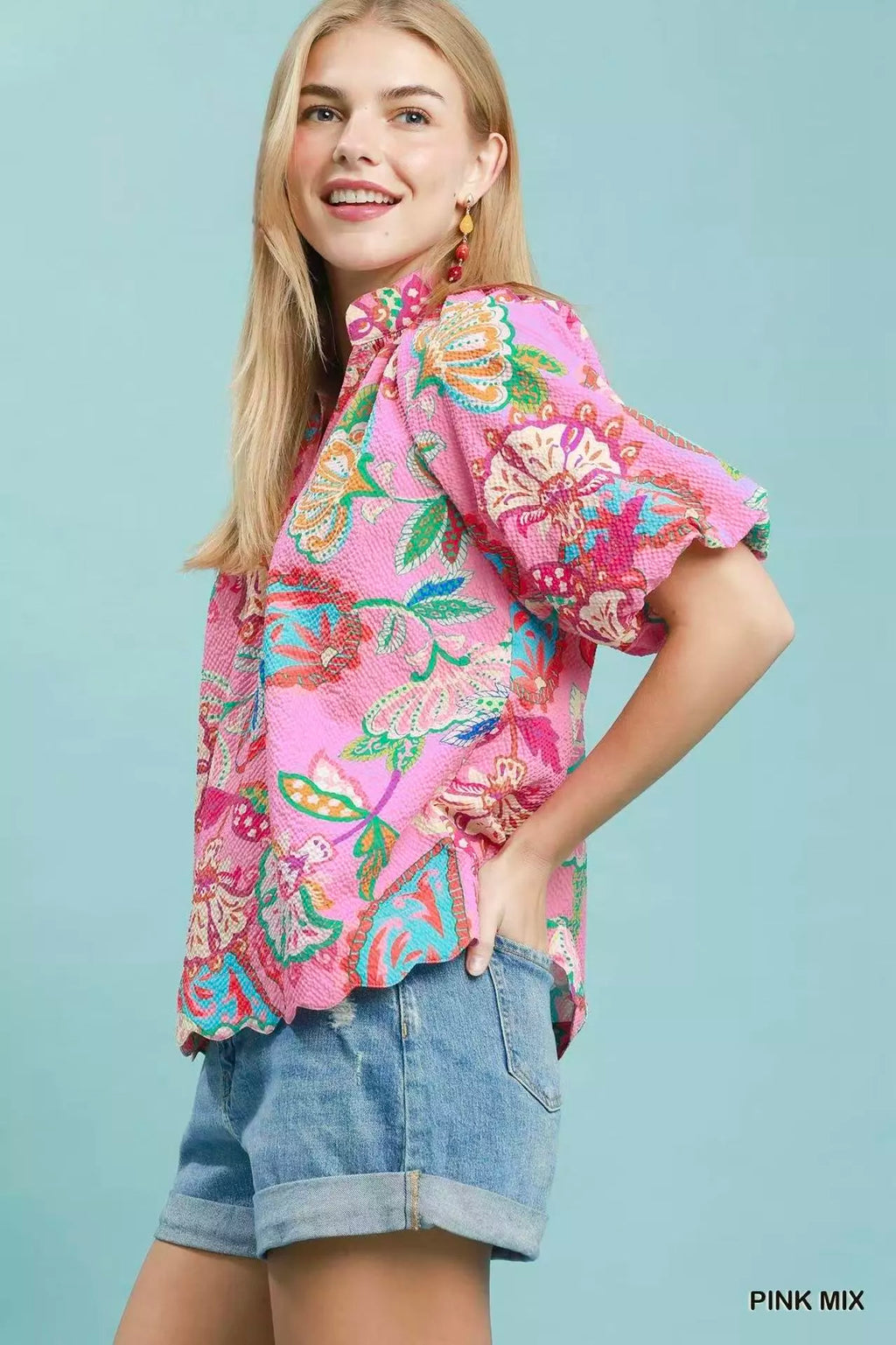 Umgee Mix Floral Print Scallop Hem Blouse