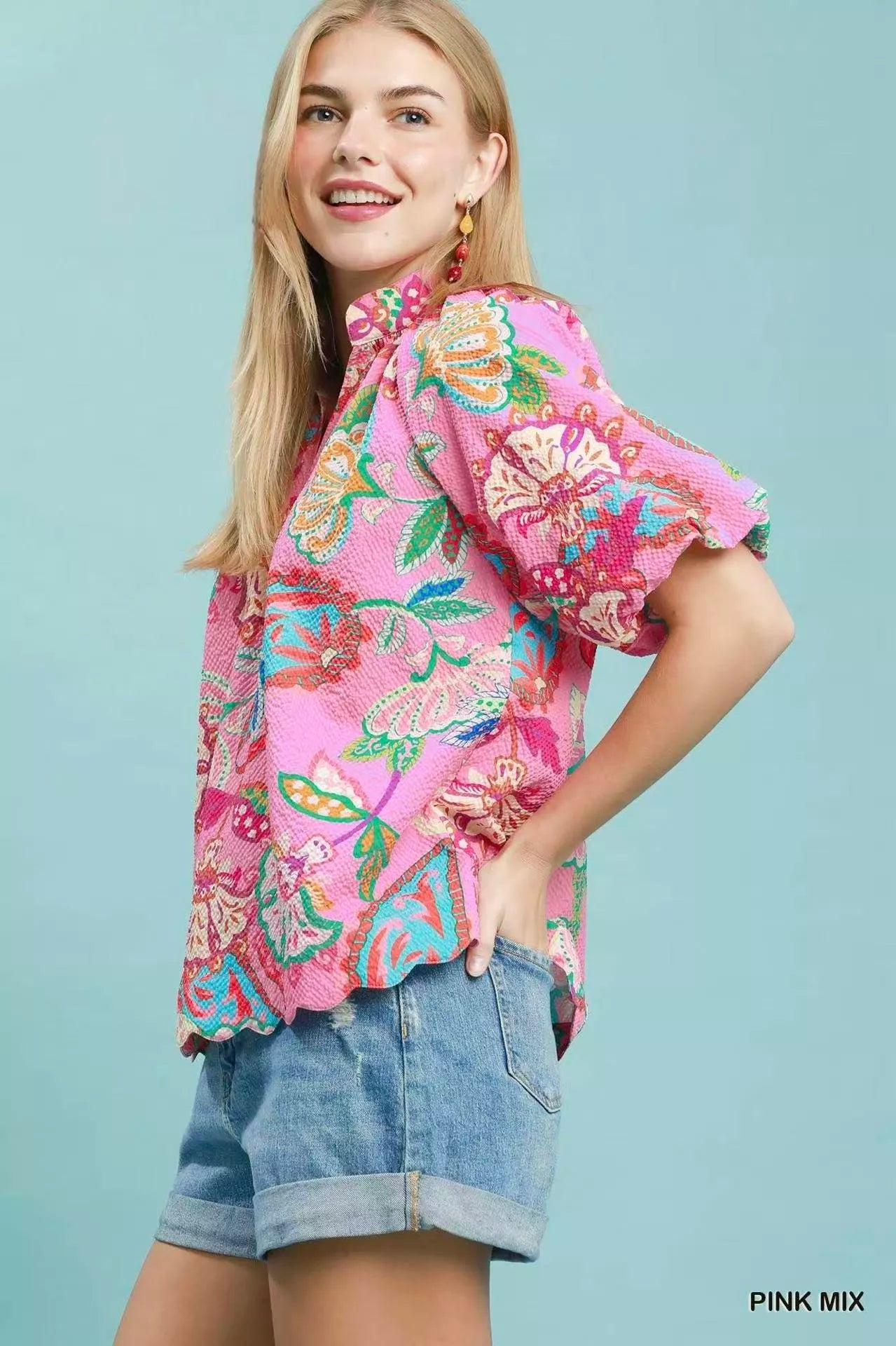 Umgee Mix Floral Print Scallop Hem Blouse
