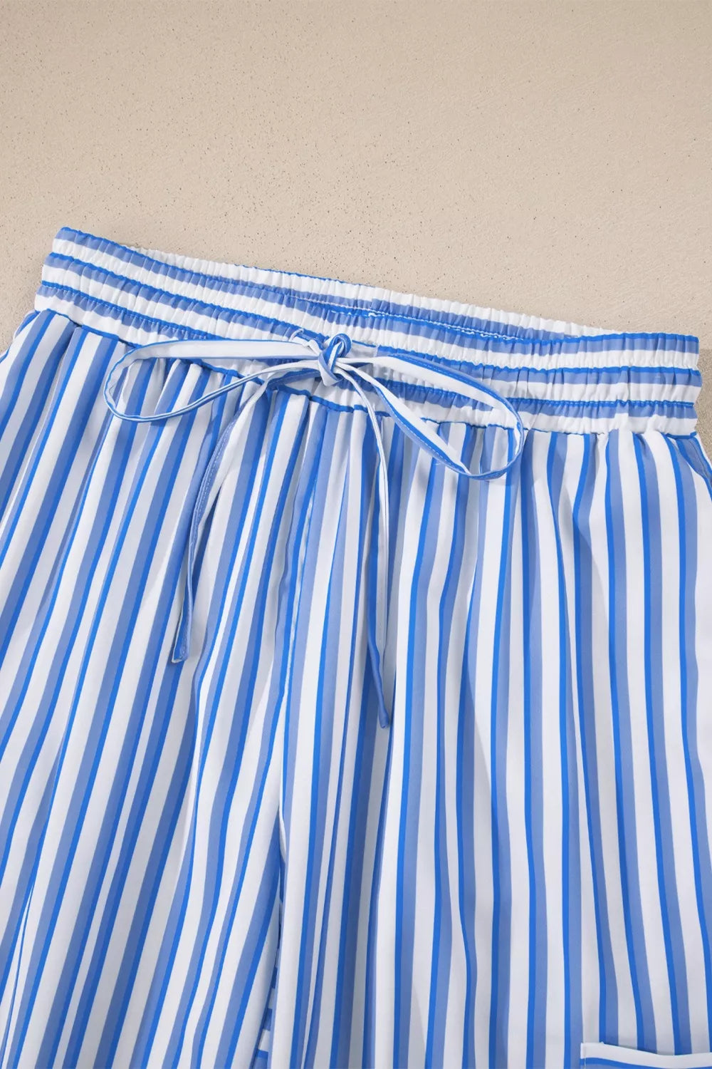 Stripe Drawstring Elastic Waist Patch Pocket Wide Leg Ankle-length Pants