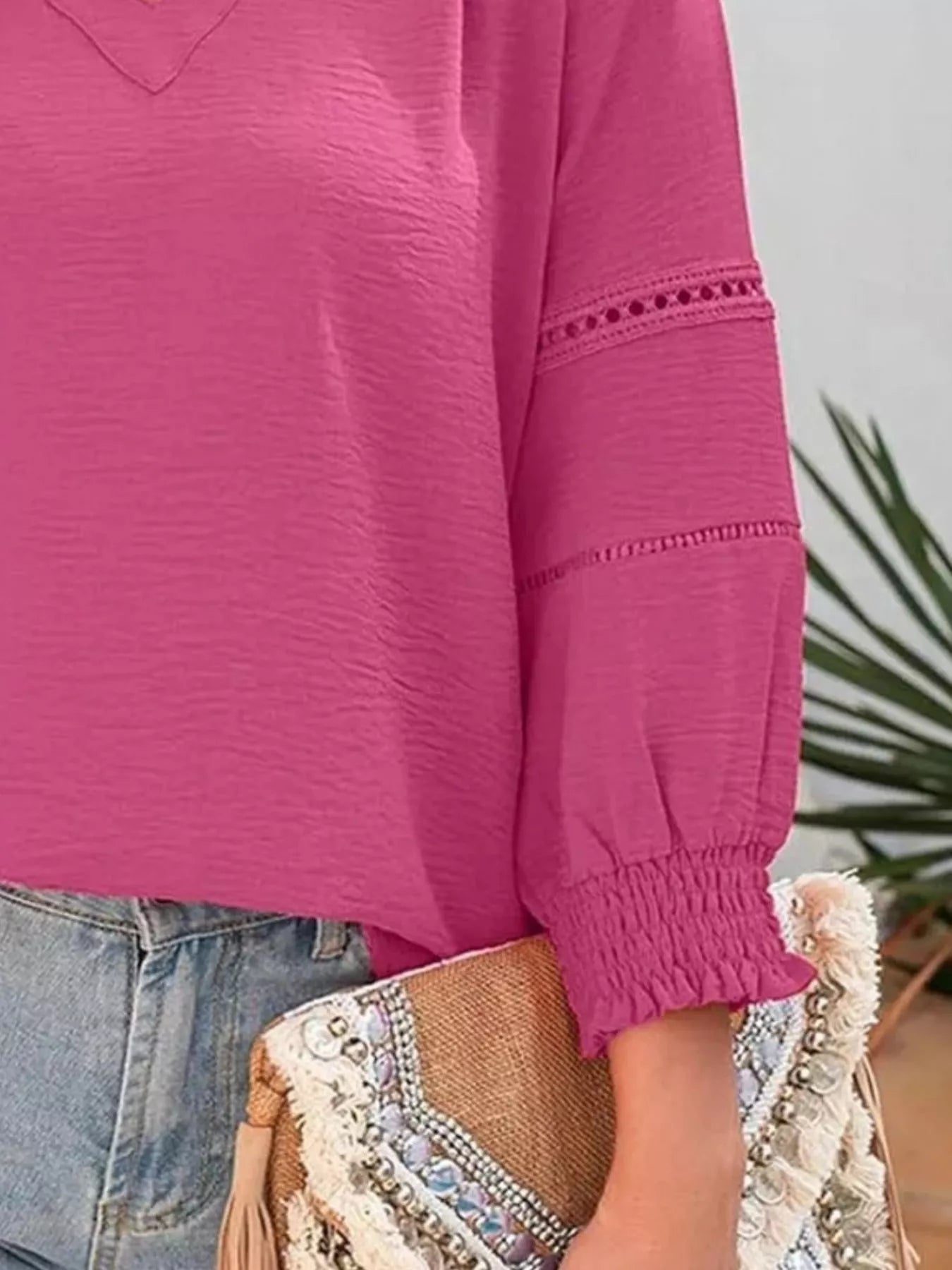 Solid Color Smocked Long Sleeve Blouse
