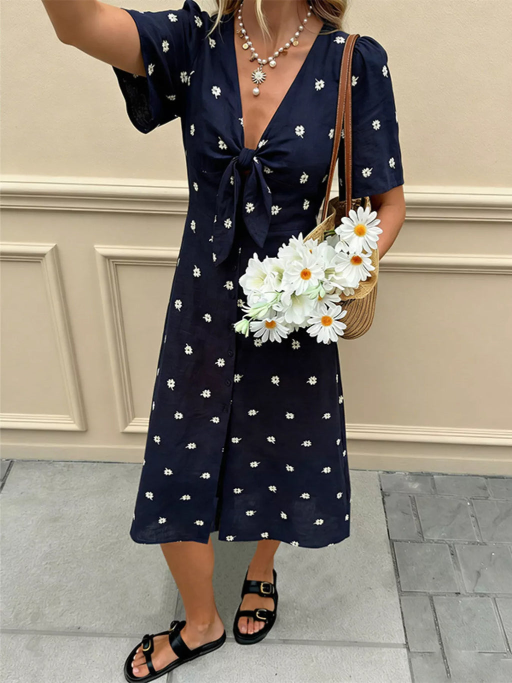 Daisy Print Tie-Front Midi Dress