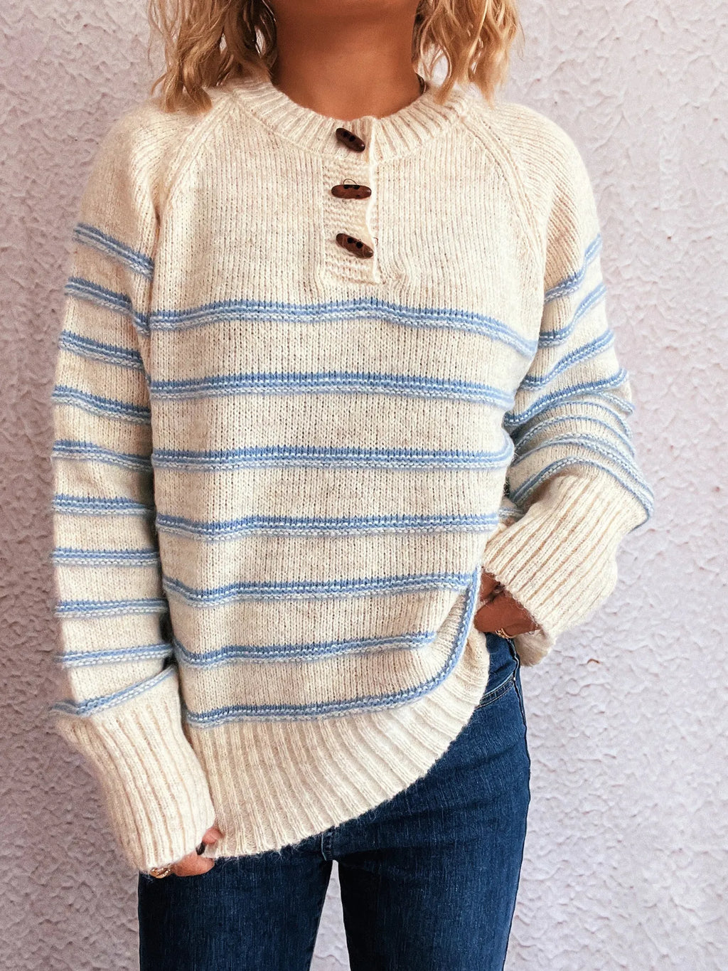 Striped Button Detail Long Sleeve Sweater