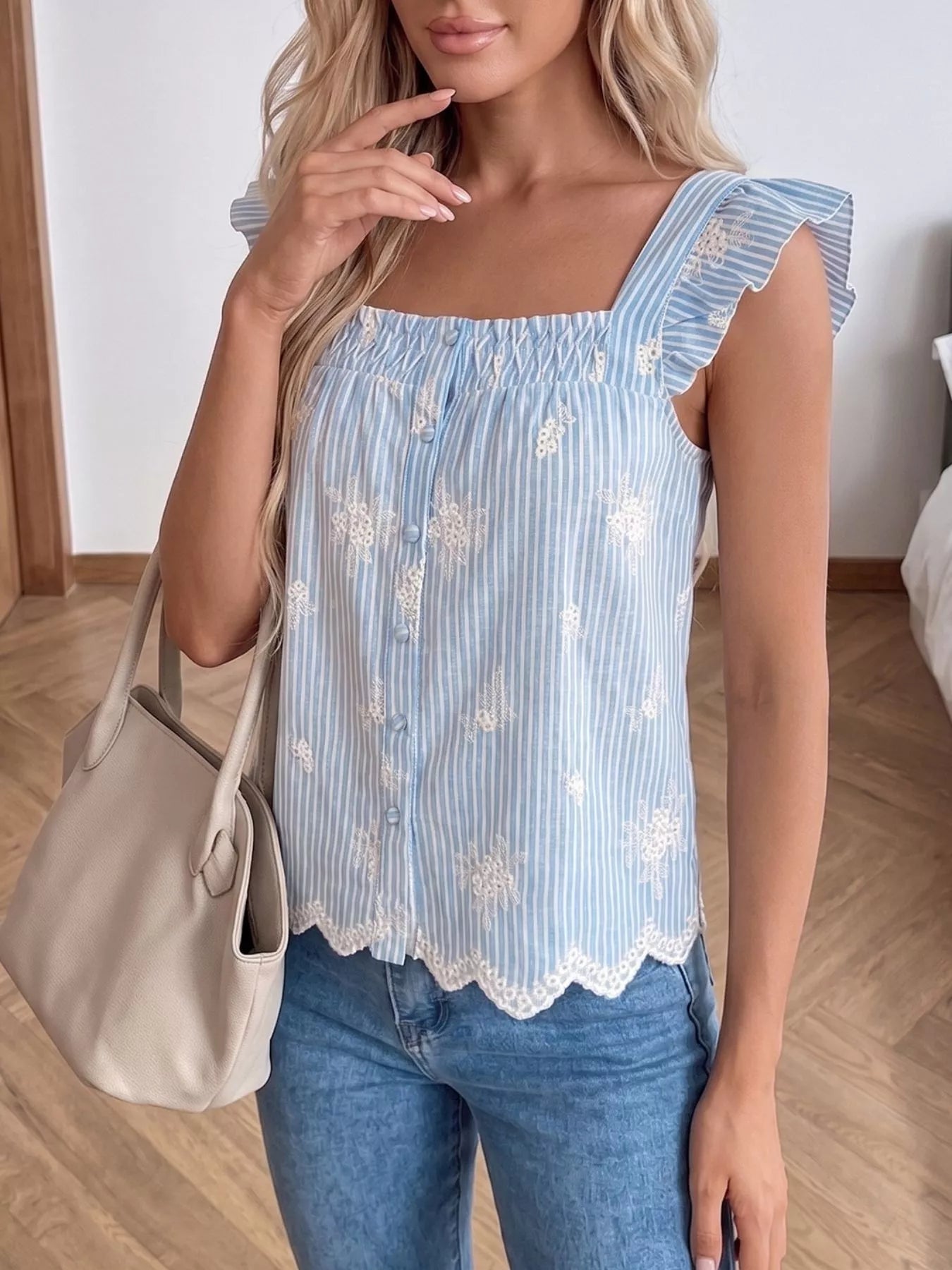Striped Embroidered Ruffle Sleeve Blouse