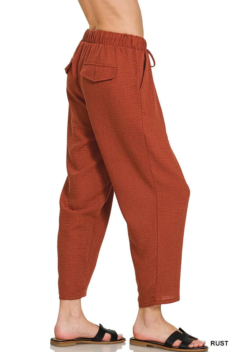 Zenana Woven Crepe Elastic Band Waist Pants
