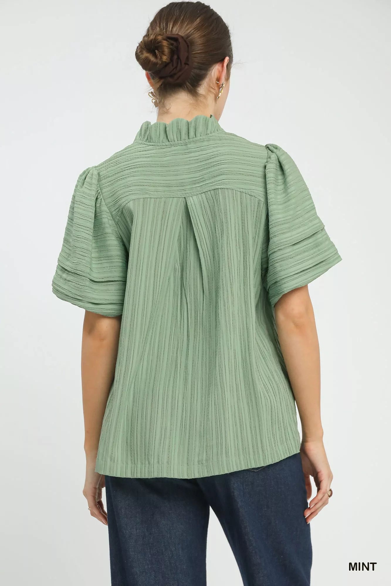 Umgee Seersucker Bubble Sleeve V-Neck Blouse