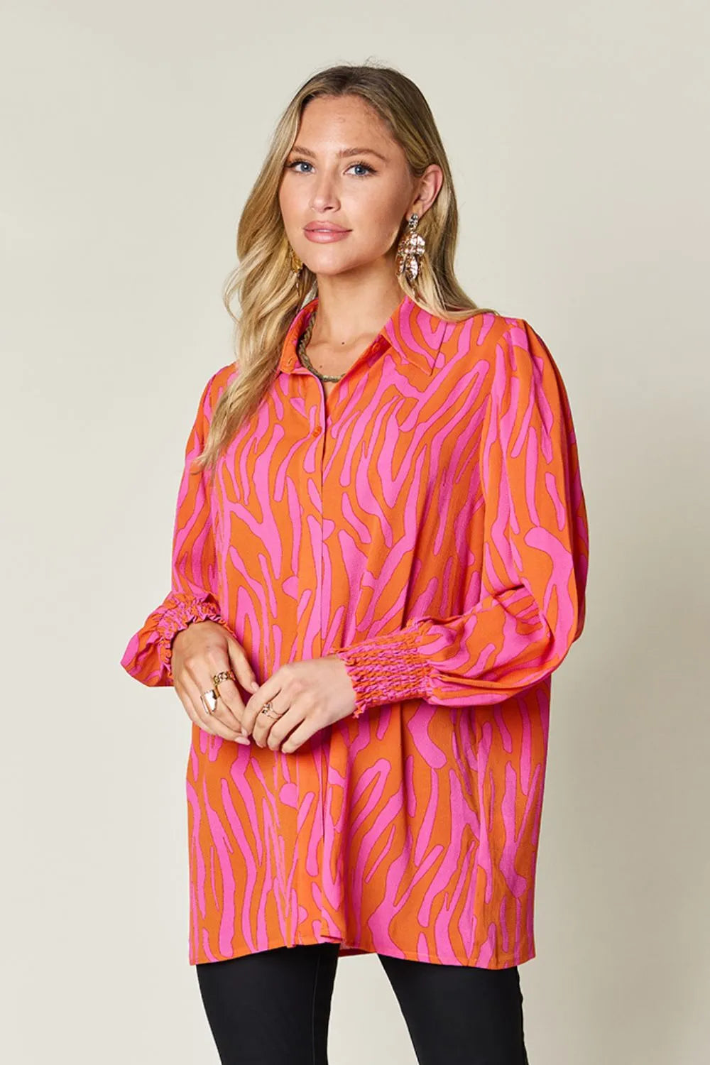 Double Take Full Size Printed Smocked Long Sleeve Blouse Plus Size