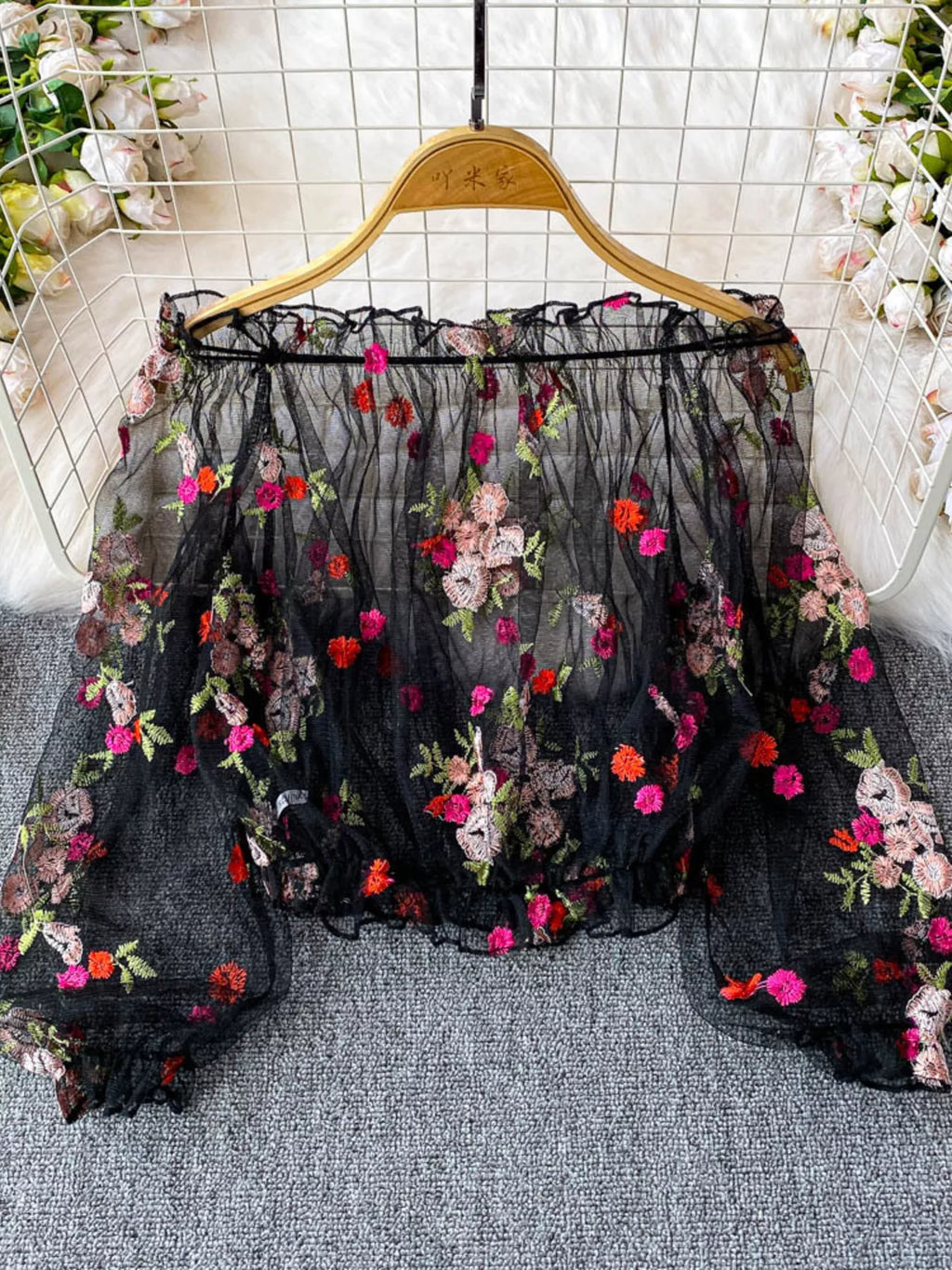 Floral Embroidered Mesh Off-Shoulder Top