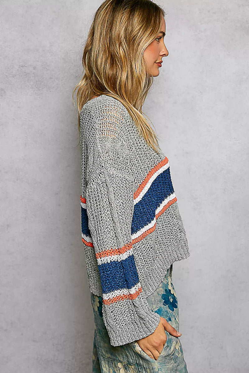 POL V-Neck Striped Pattern Cropped Knit Top with Cable Knit Detail