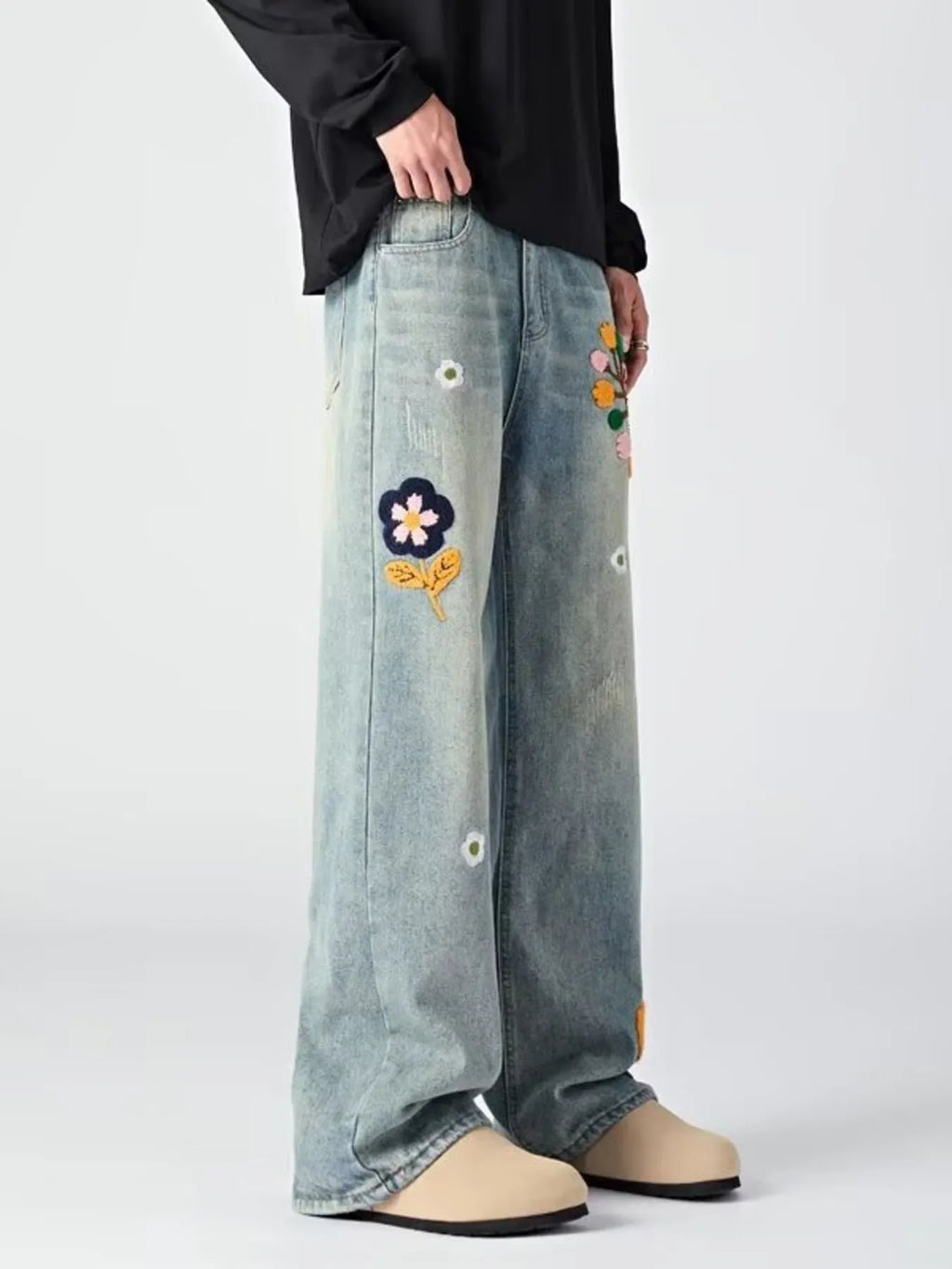 Men's Embroidered Wide Leg Jeans