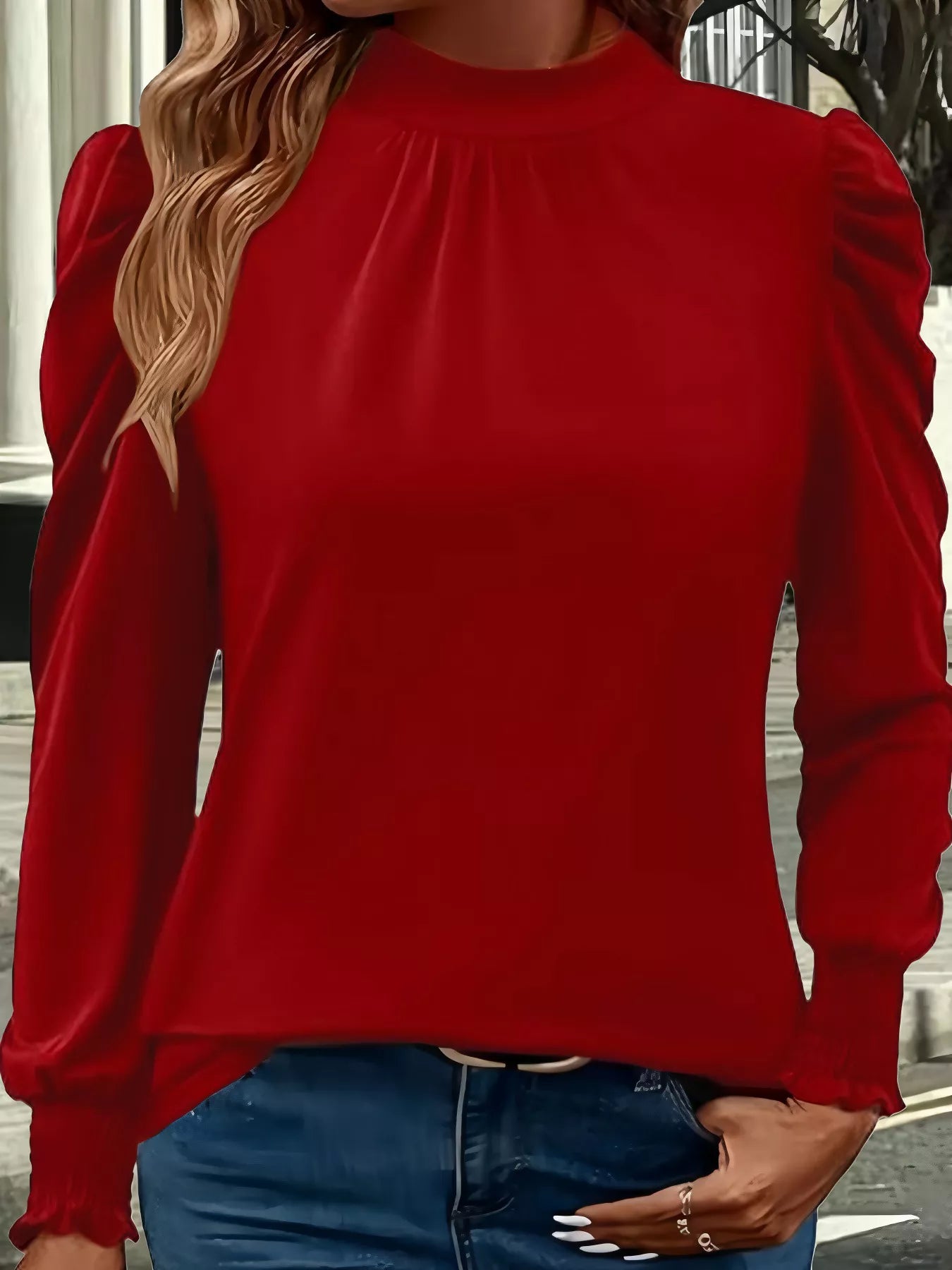 Mock Neck Puff Sleeve Blouse