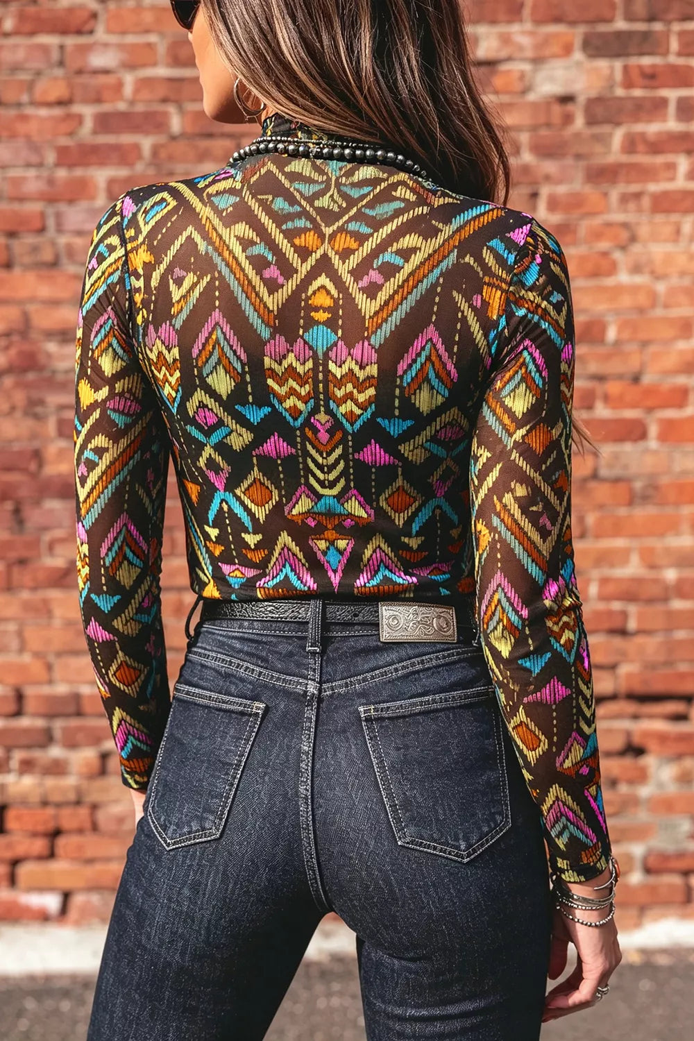 Abstract Print Long Sleeve Stand Neck Mesh Top