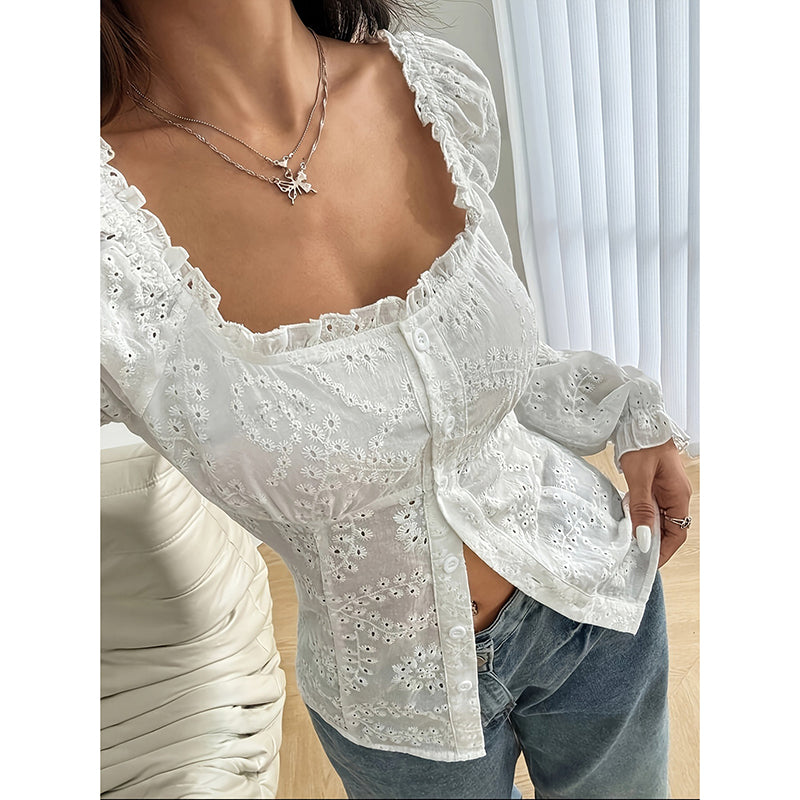 Women’s Square Neck Eyelet Lace Blouse – Puff Sleeve Hollow-Out Button Top