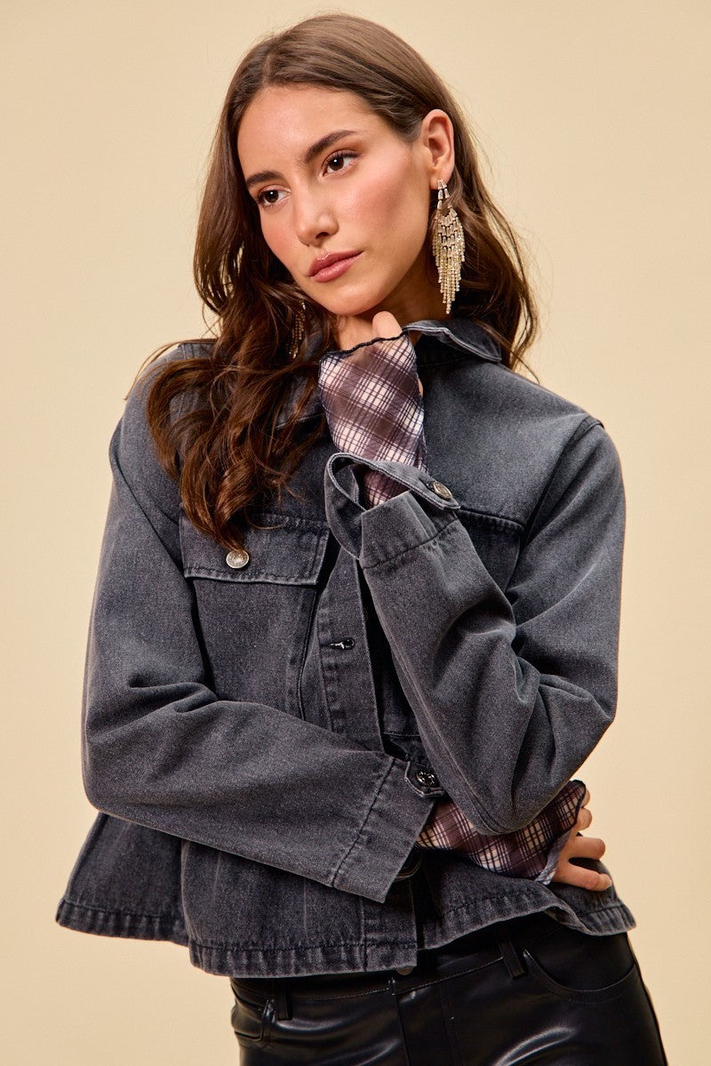 SO ME Denim Peplum Hem Front Button Jacket With Pockets
