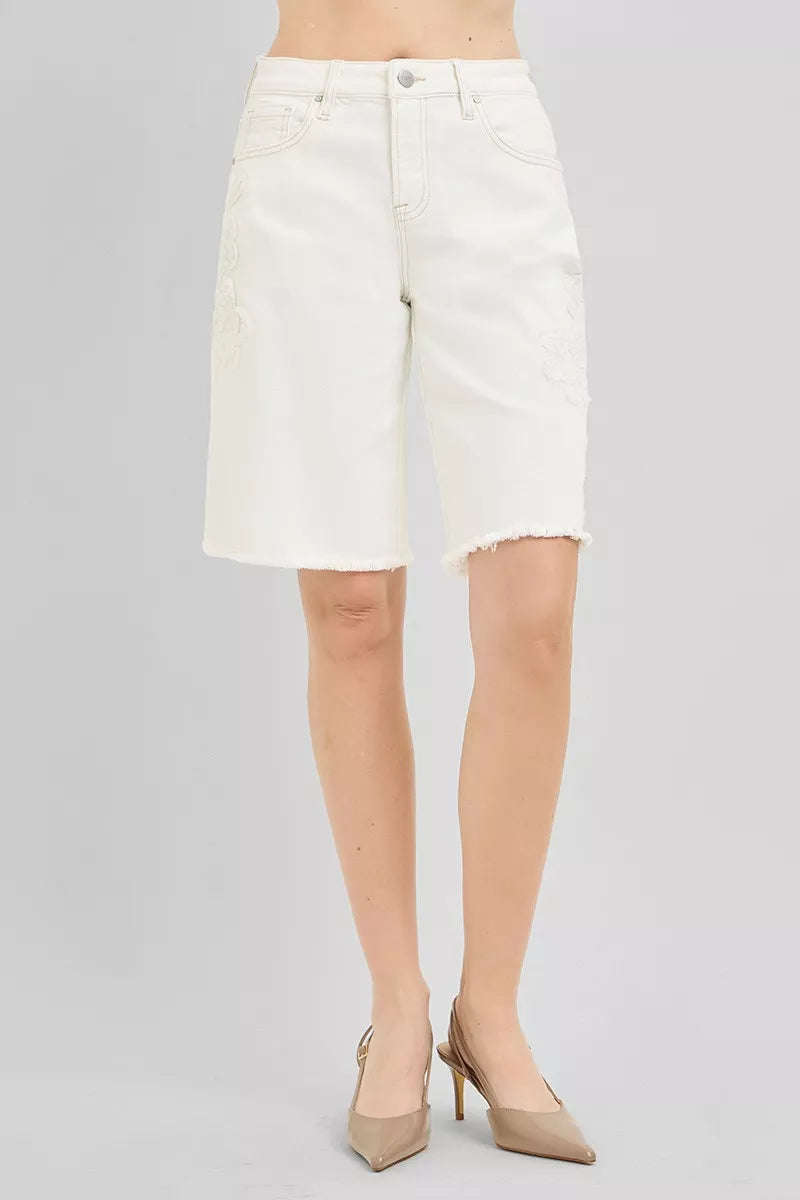 RISEN Slouchy Relaxed Floral Embroidered Bermuda Denim Shorts