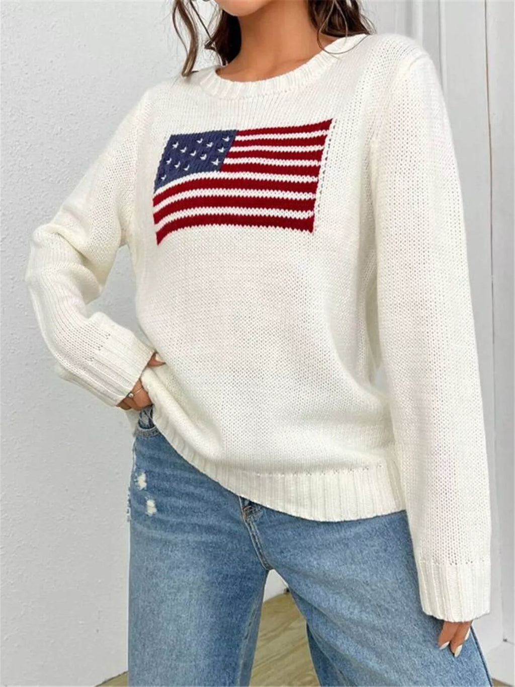 US Flag Round Neck Long Sleeve Sweater