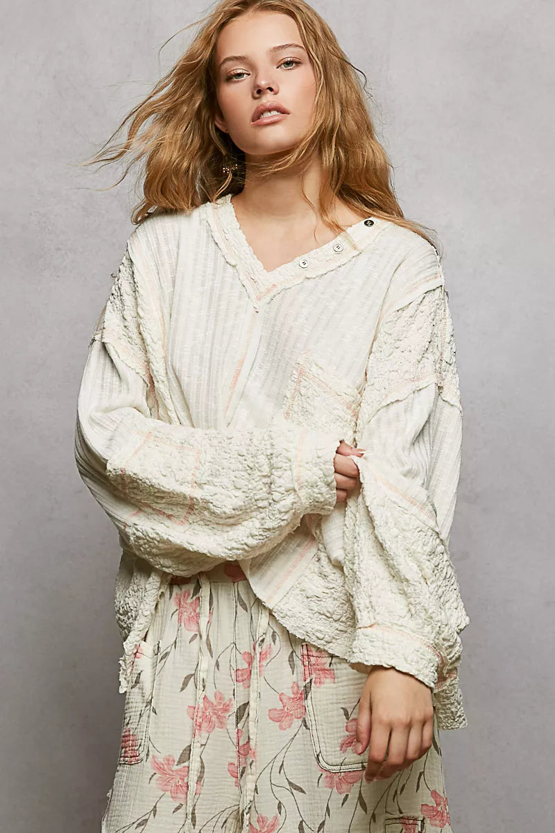 POL V-Neck Long Sleeve Top with Stitch Detail