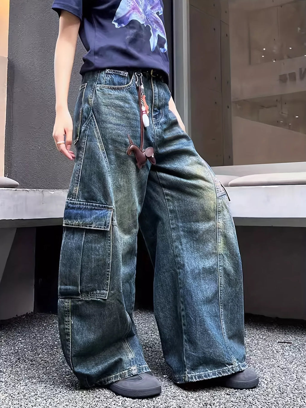 Vintage Wash Wide Leg Cargo Jeans