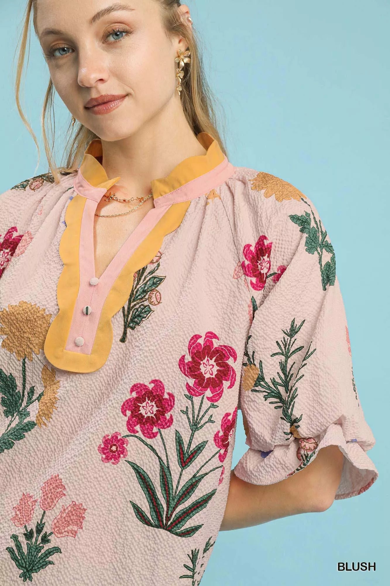 Umgee Floral Puff Sleeve Blouse with Scallop Trim Collar