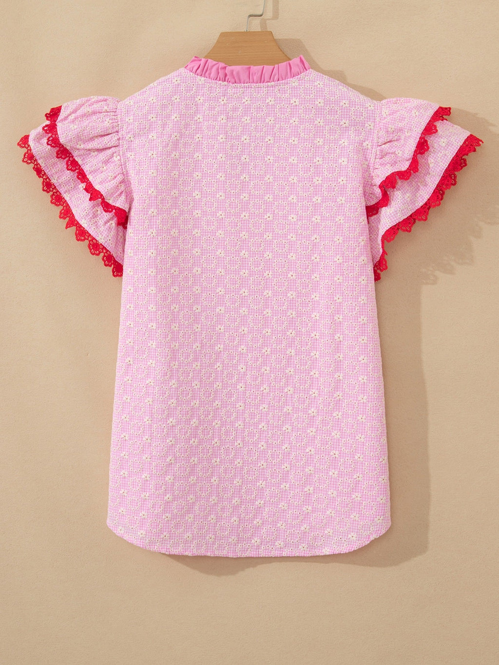Eyelet Embroidered Flower Texture Contrast Lace Trim Flutter Sleeve Blouse