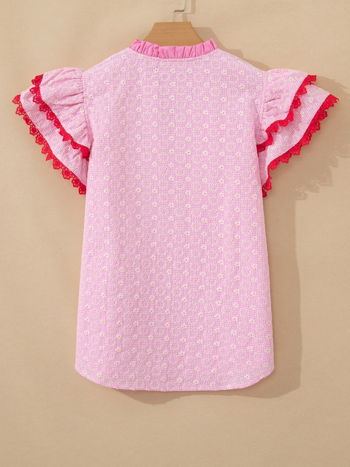 Eyelet Embroidered Flower Texture Contrast Lace Trim Flutter Sleeve Blouse