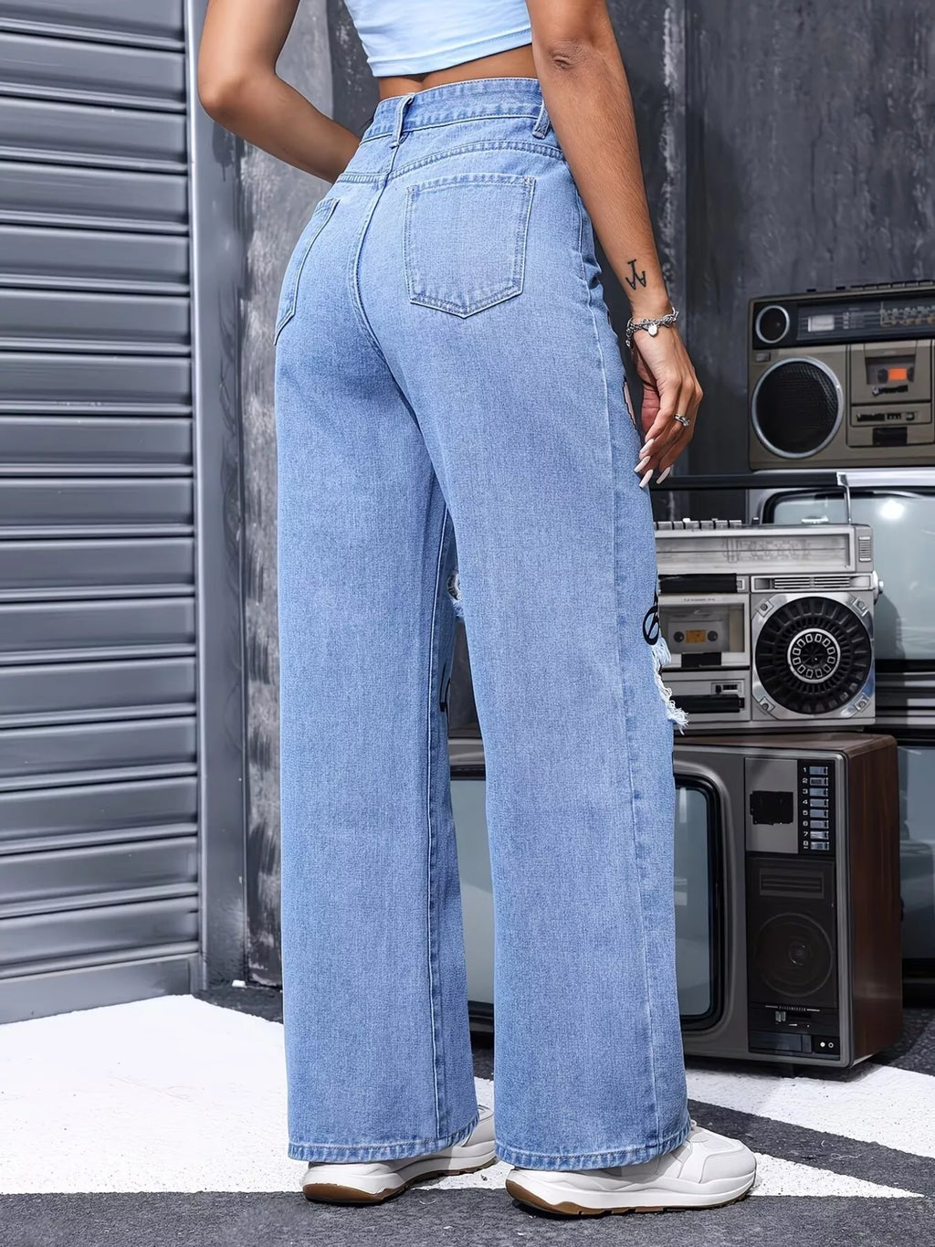 Distressed Printed Wide Leg Jeans