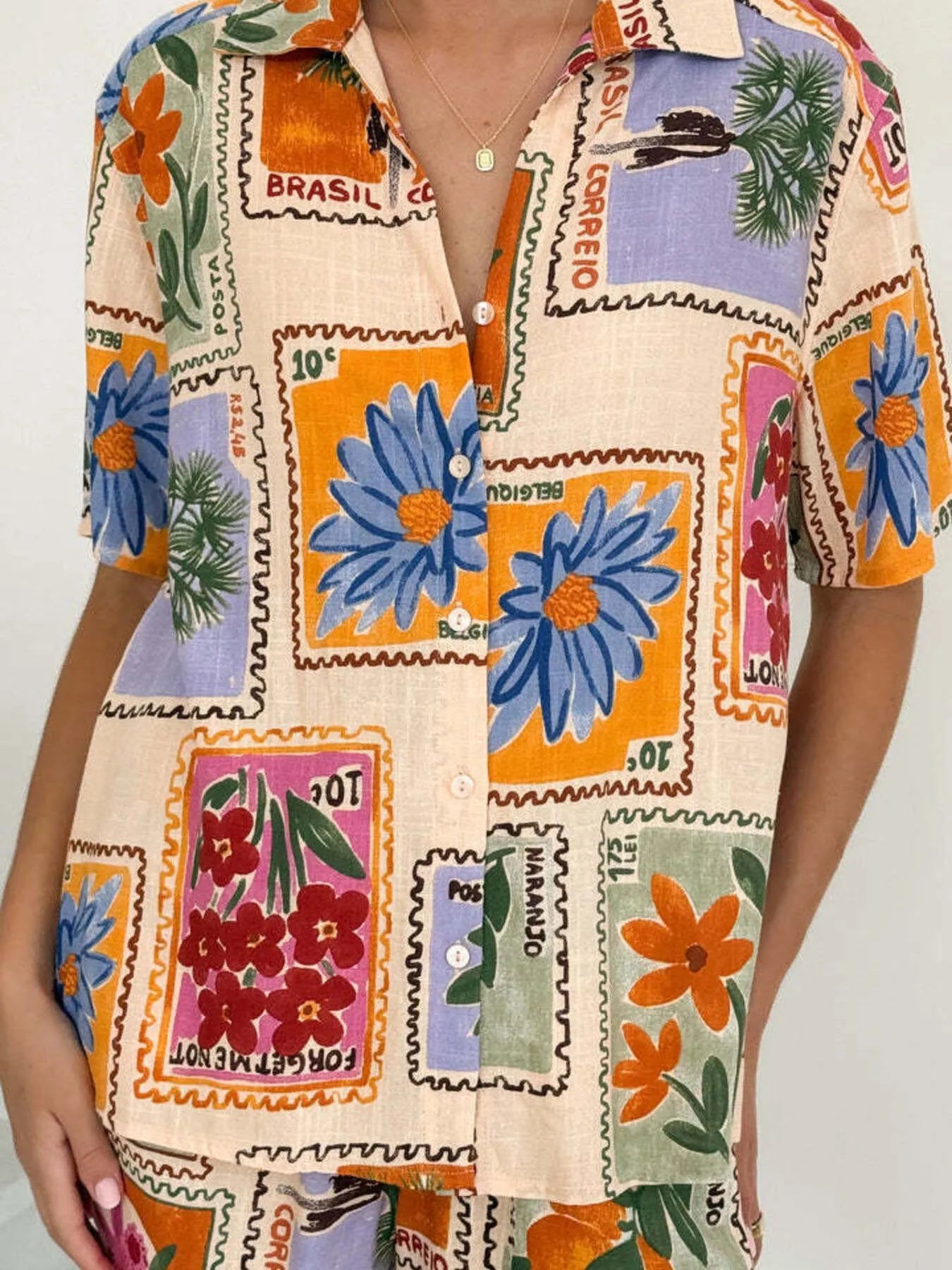 Printed Button Up Shirt and Shorts Set
