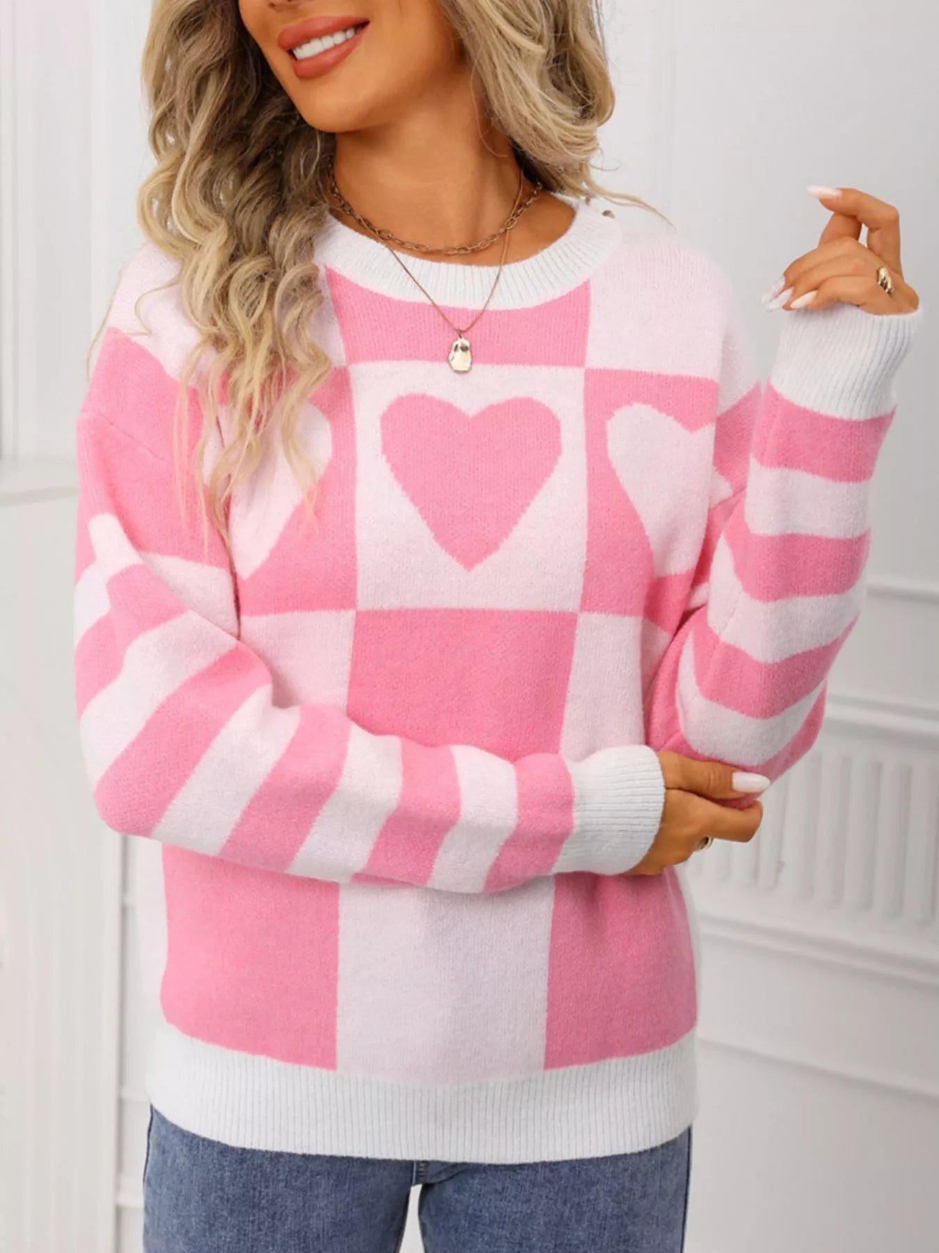 Heart Pattern Checkerboard Knit Sweater