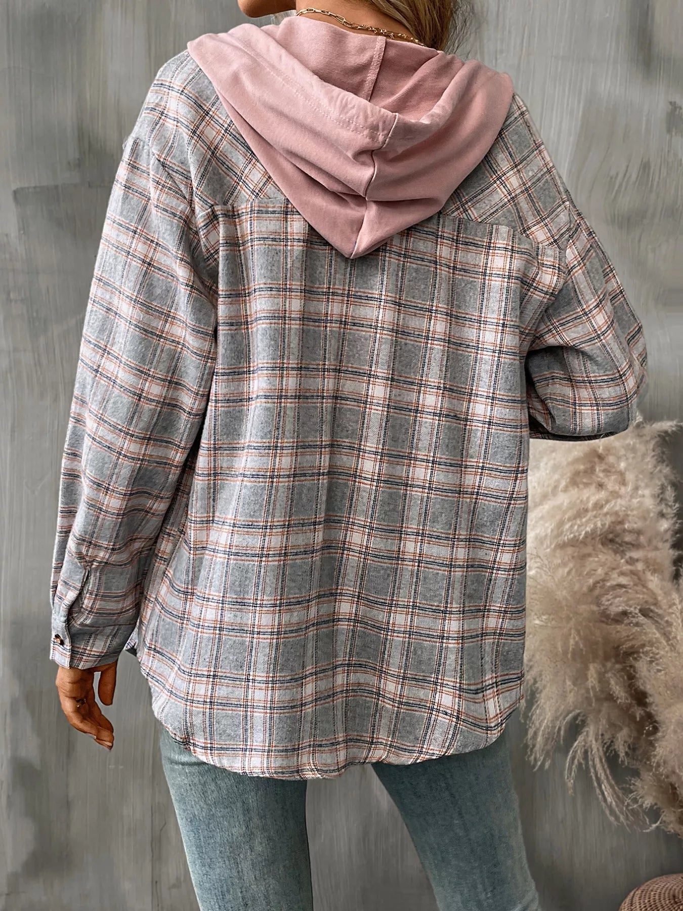 Plaid Button-Up Hooded Shirt with Chest Pocket