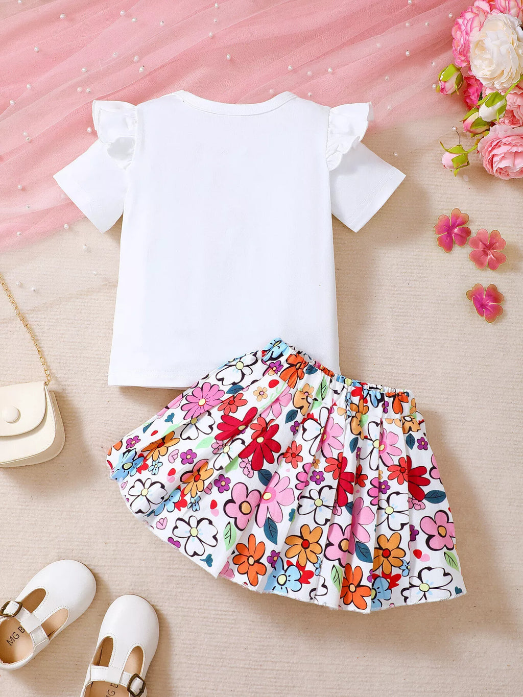 Children's Floral Graphic Ruffle Sleeve Top & Skirt Set