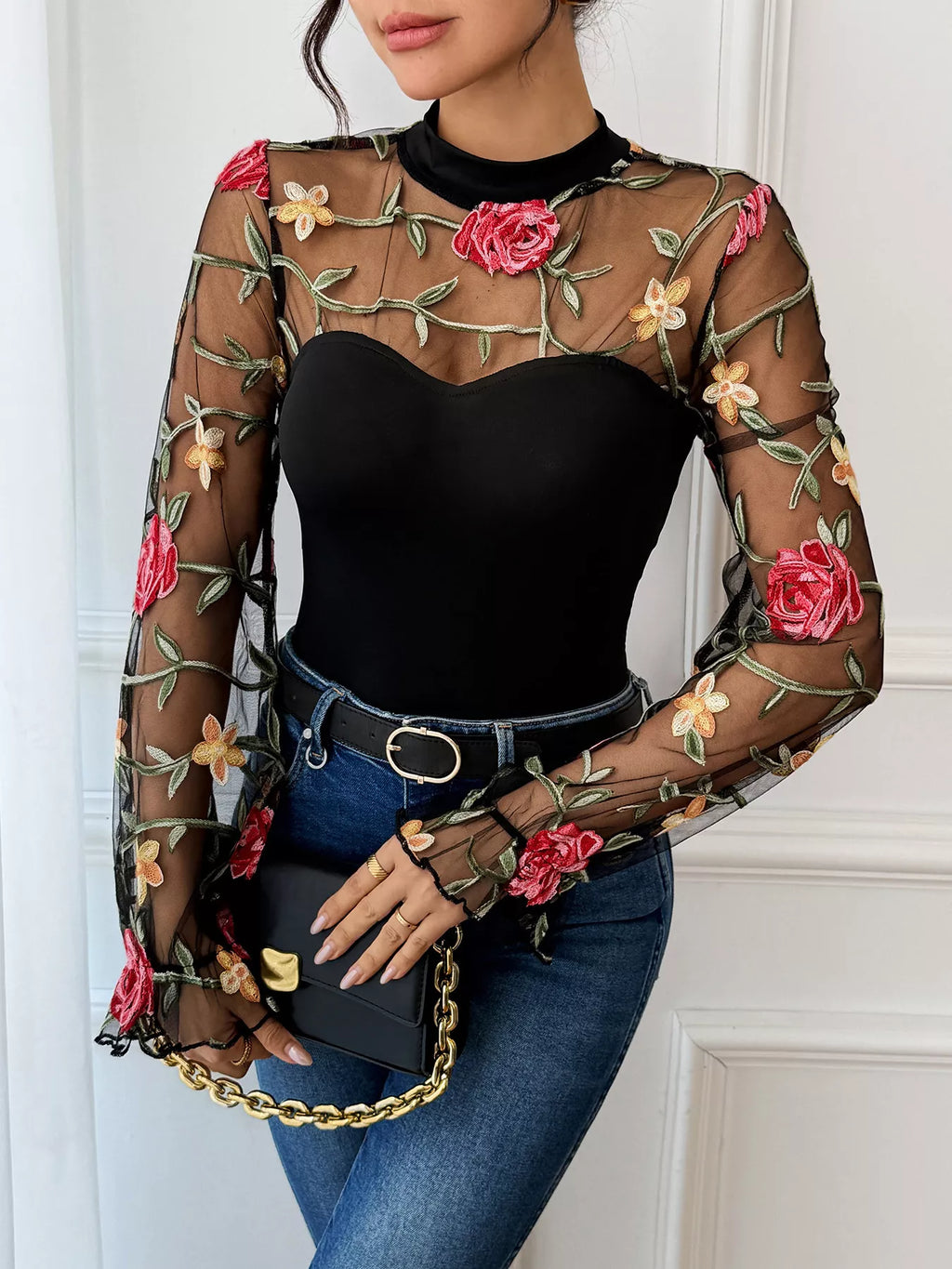 Floral Embroidered Mesh Long Sleeve Bodysuit
