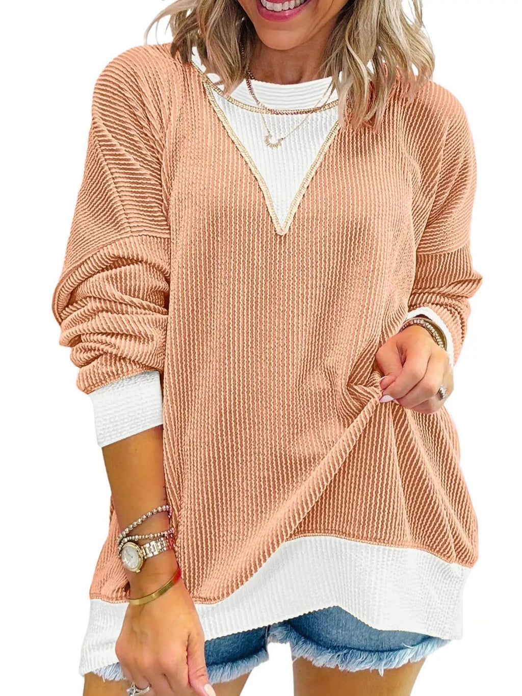 Two-Tone Ribbed Knit Sweatshirt