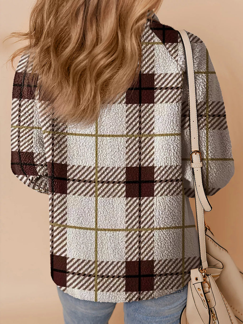 Plaid Buttoned Stand Collar Fleece Jacket