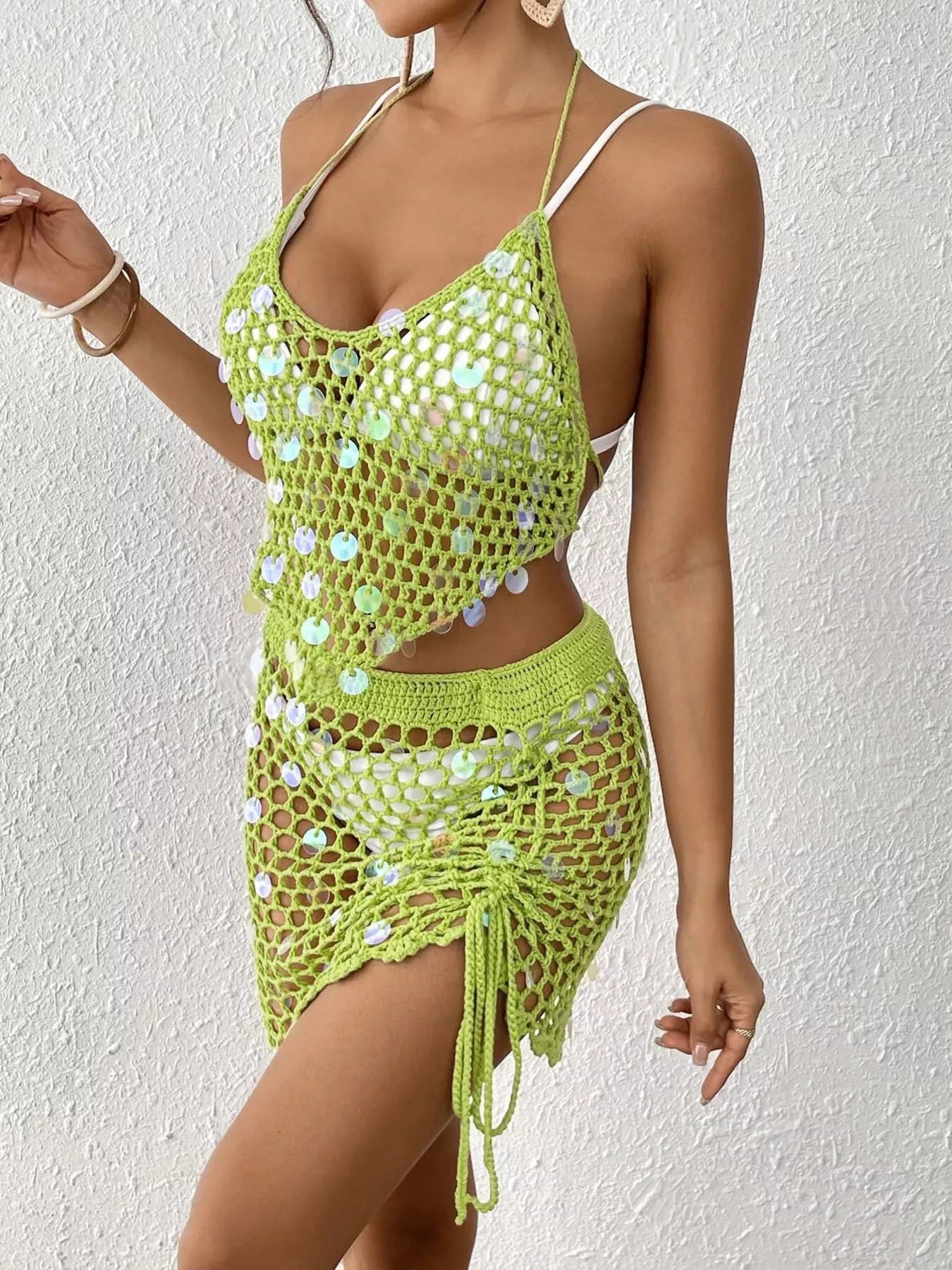 Halter Neck Crochet Knit Top and Skirt Cover Up Set