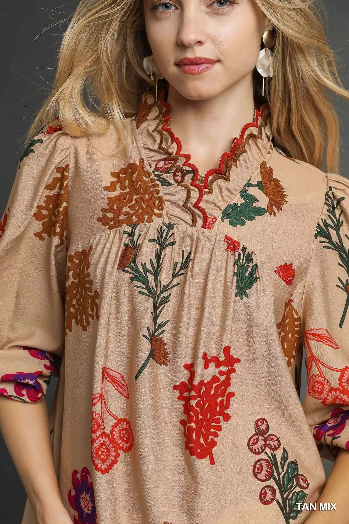 Umgee Flower Print Blouse with Scalloped Neckline