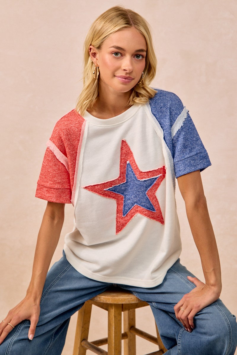 BiBi Contrast French Terry Cut Edge Detail Fourth Of July Theme T-Shirt