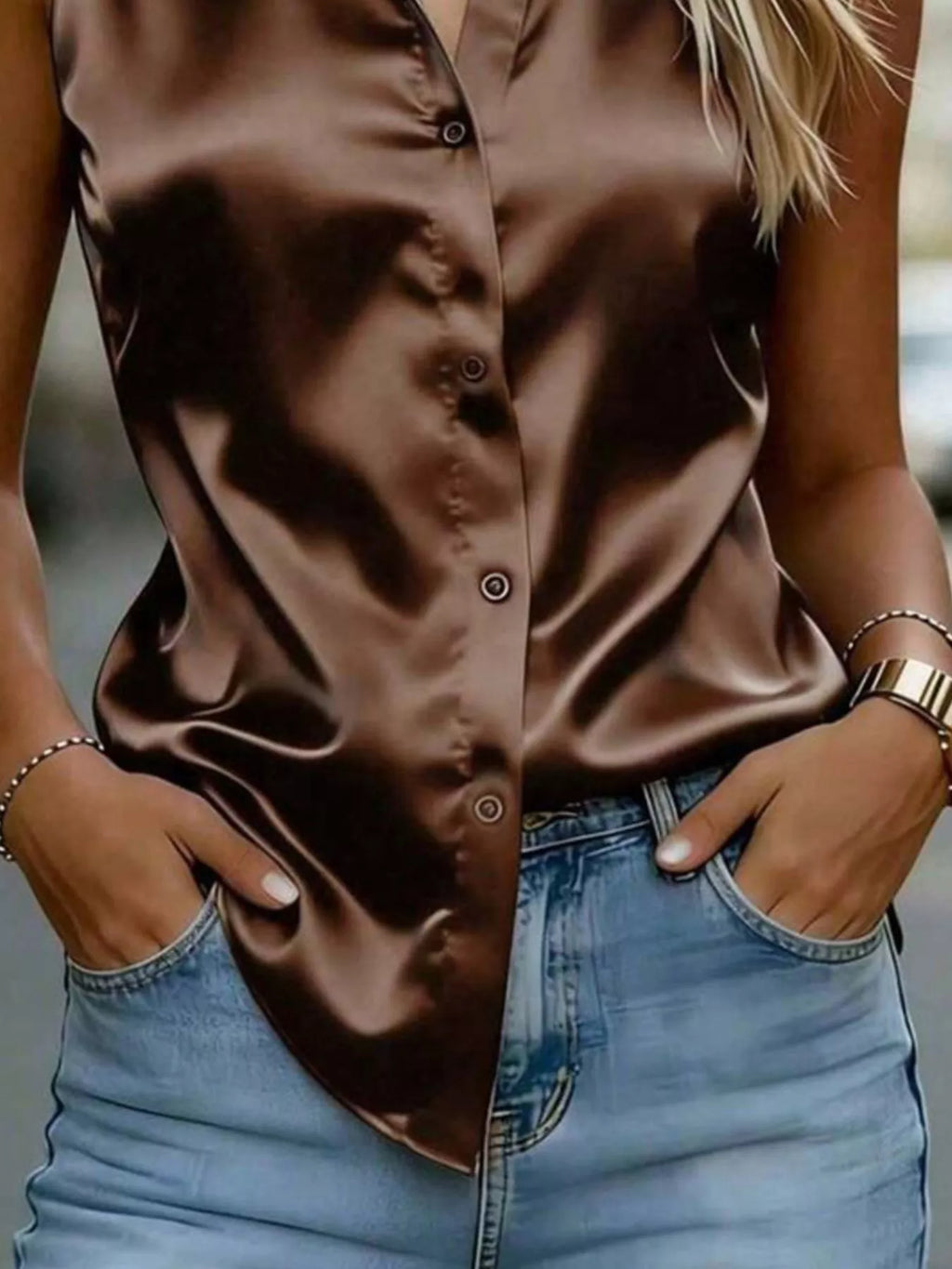 Satin Button Up Sleeveless Shirt