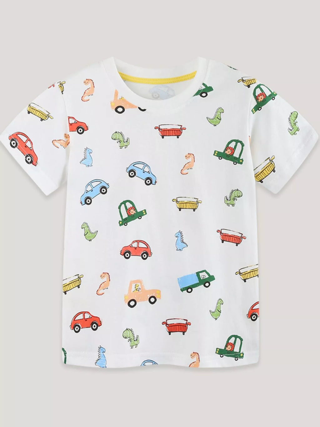 Children's Cartoon Car & Dinosaur Print Crew Neck Short Sleeve T-Shirt