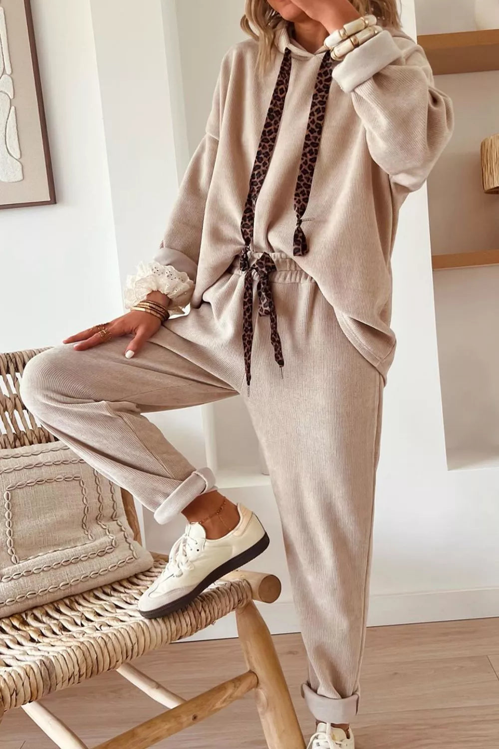 Leopard Drawstring Hoodie and Pants Set
