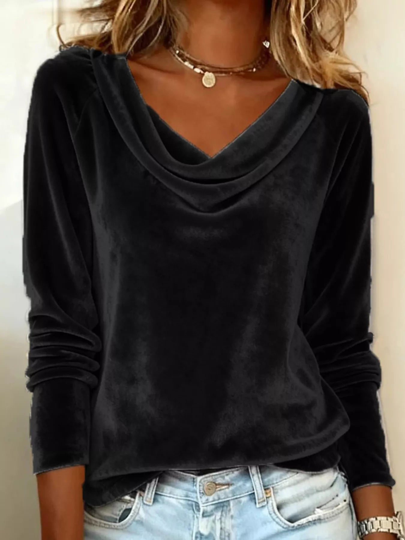 Velvet Cowl Neck Long Sleeve T-Shirt