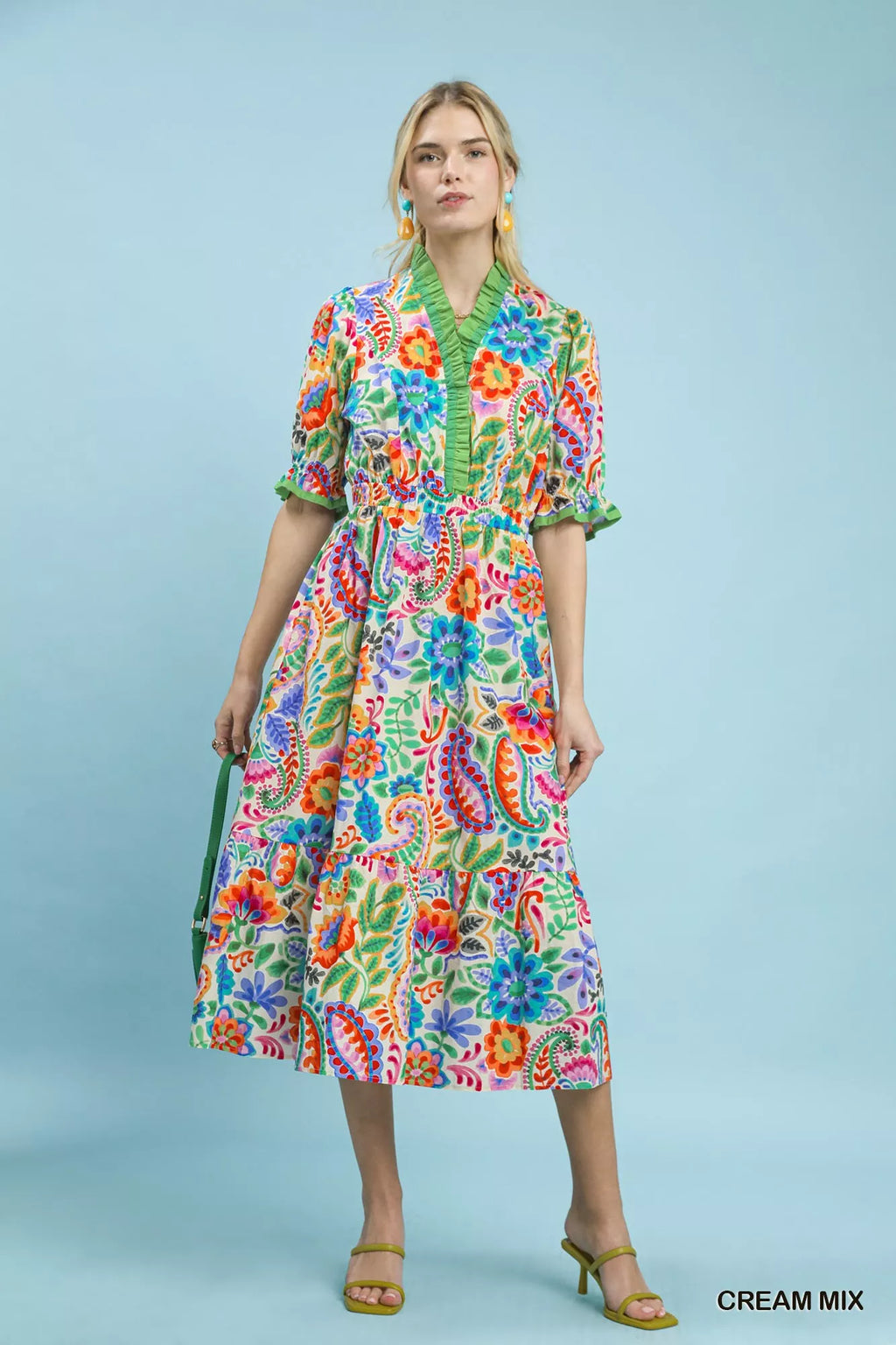 Umgee Mix Floral Midi Dress with Ruffle Trim