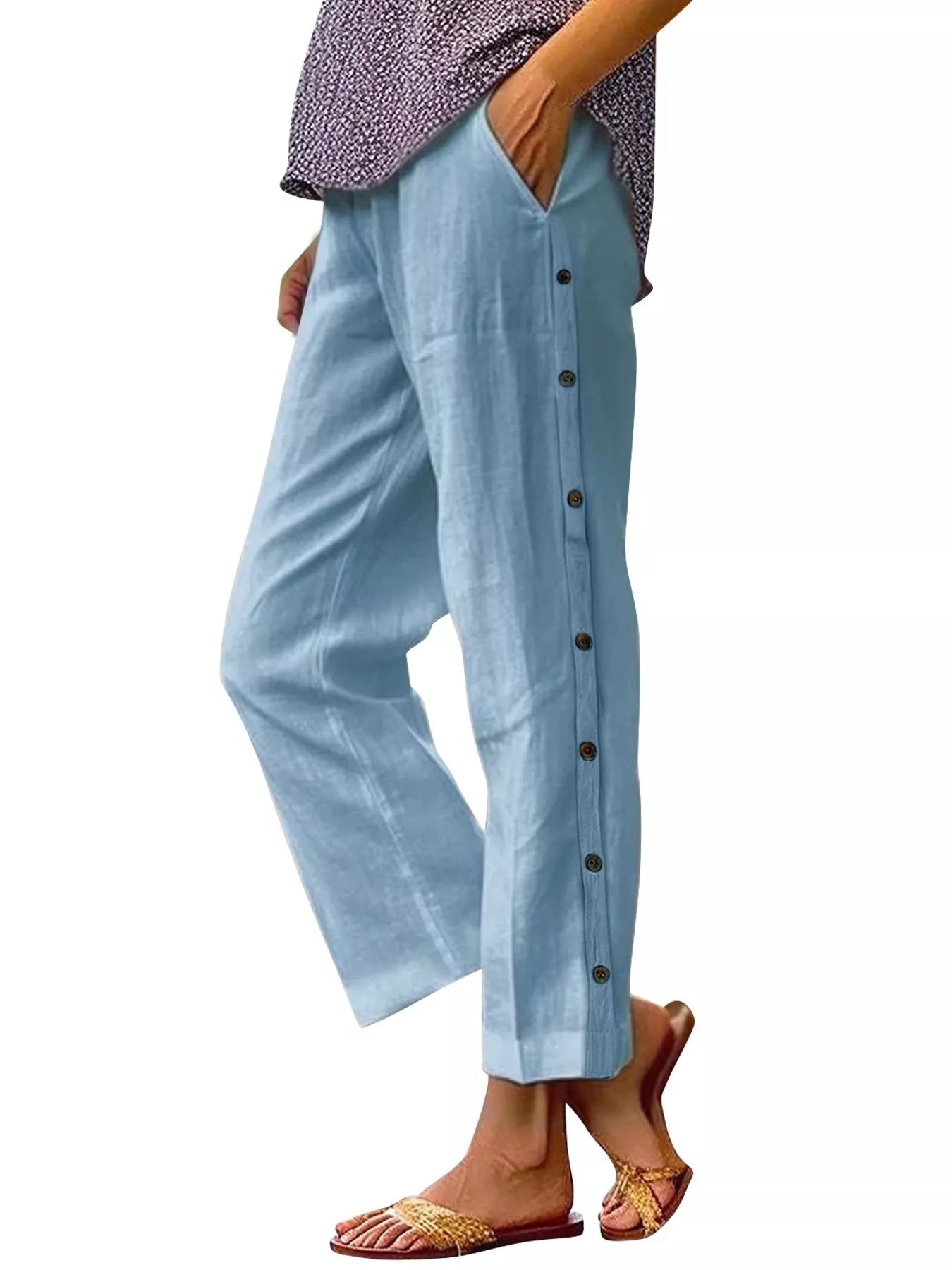 Full Size Side Button Decor Pants Plus Size