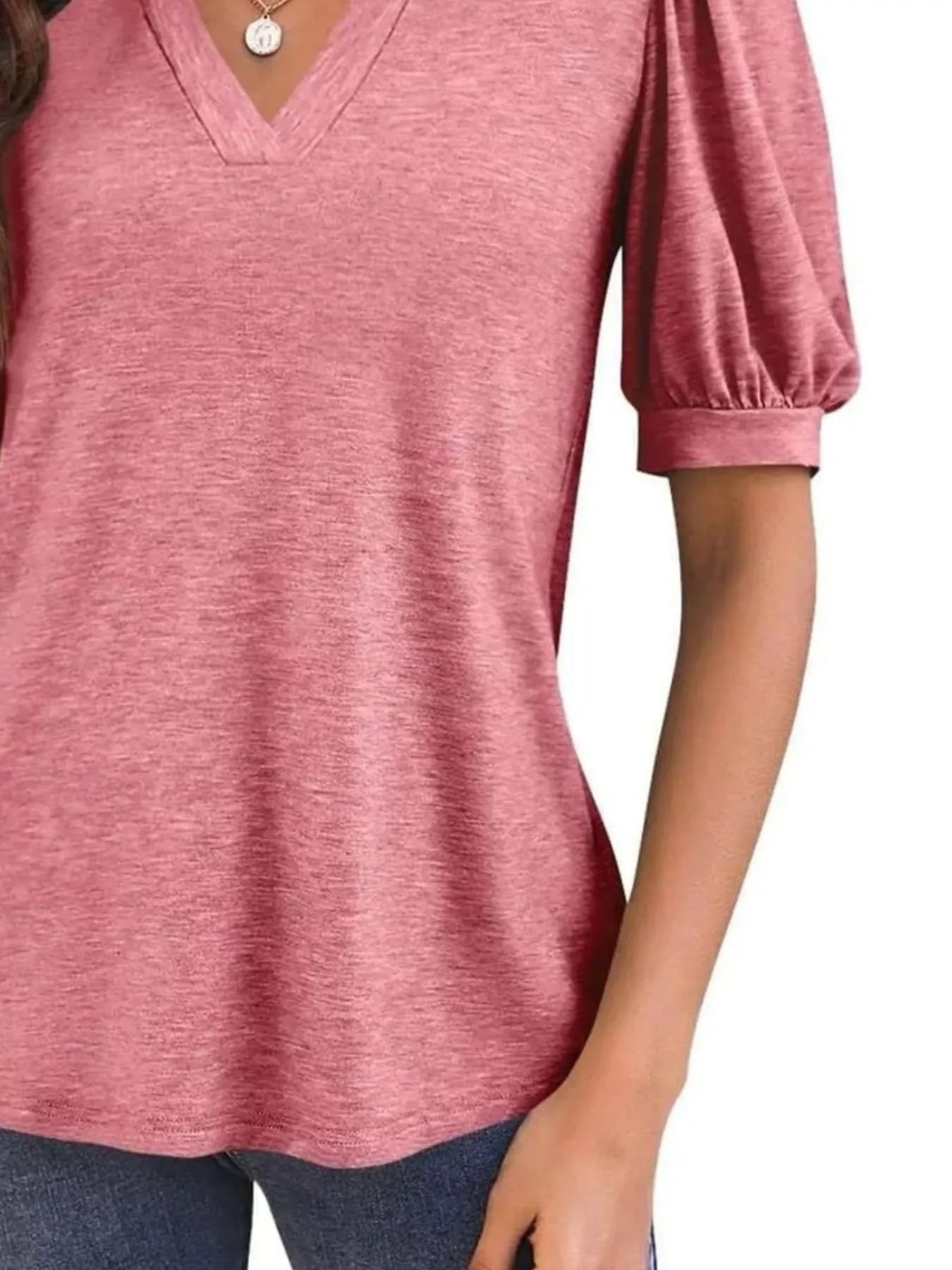 Puff Sleeve Notched Casual T-Shirt