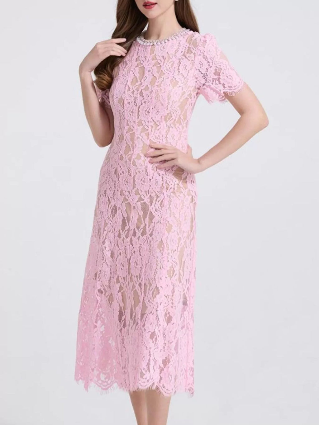 Lace Pearl Neckline Midi Dress