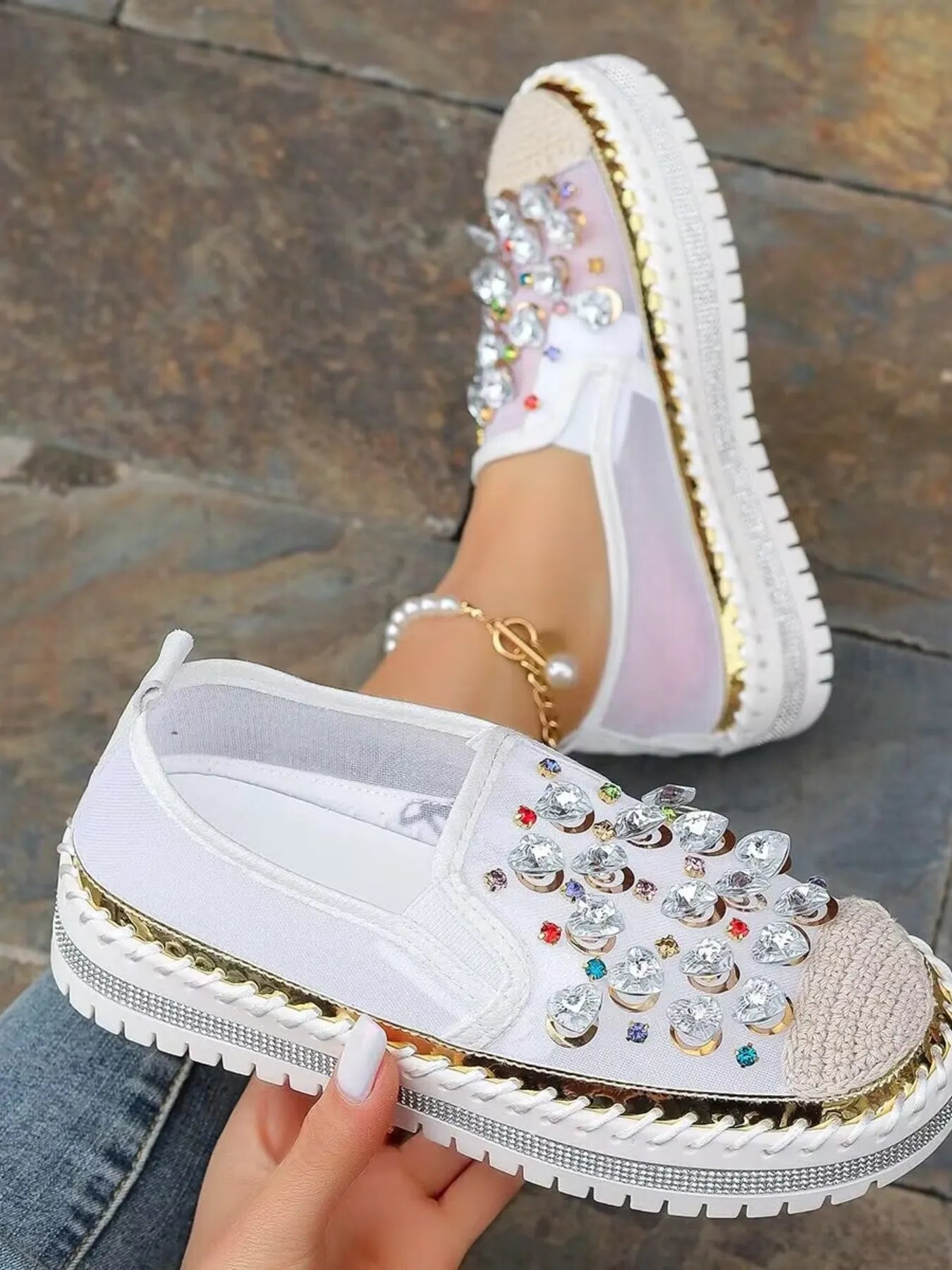Rhinestone Embellished Platform Loafers