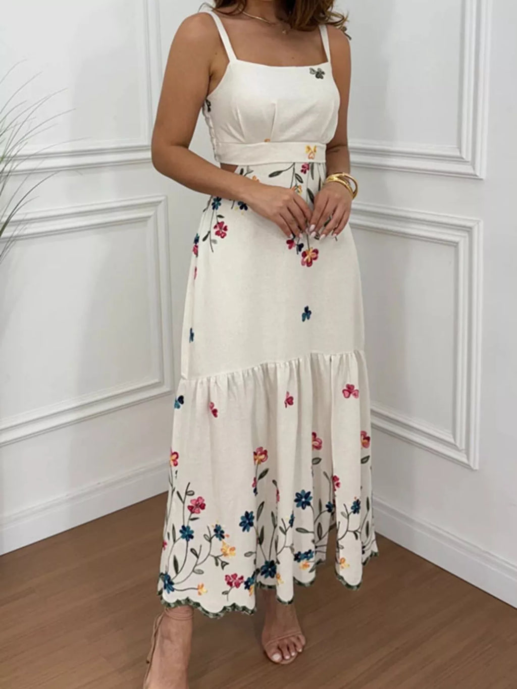 Floral Print Cutout Back Slit Hem Midi Dress