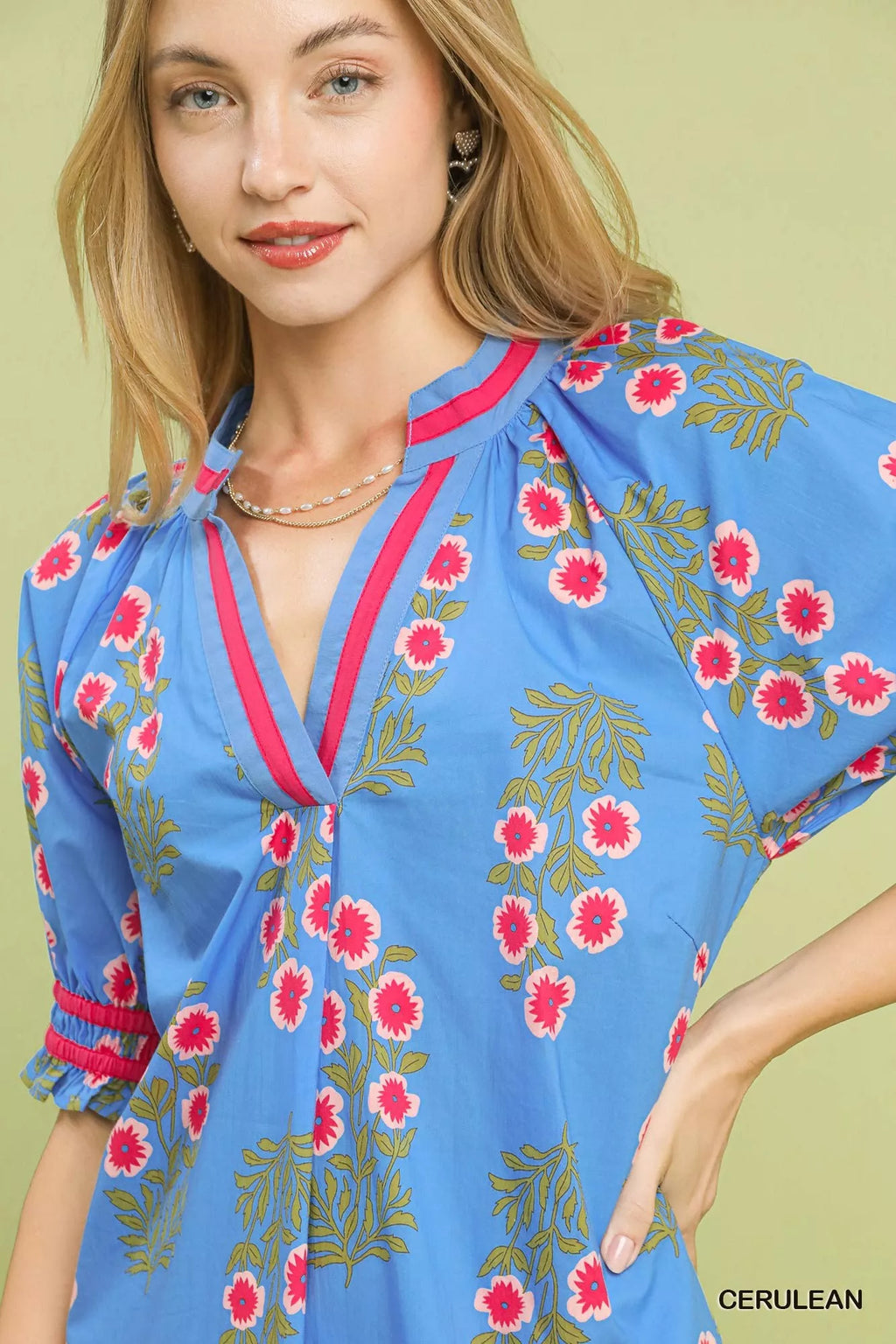 Umgee Floral V-Neck Puff Sleeve Top