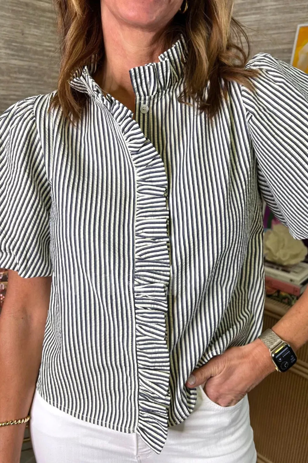 Striped Ruffle Short Bubble Sleeve Shirt