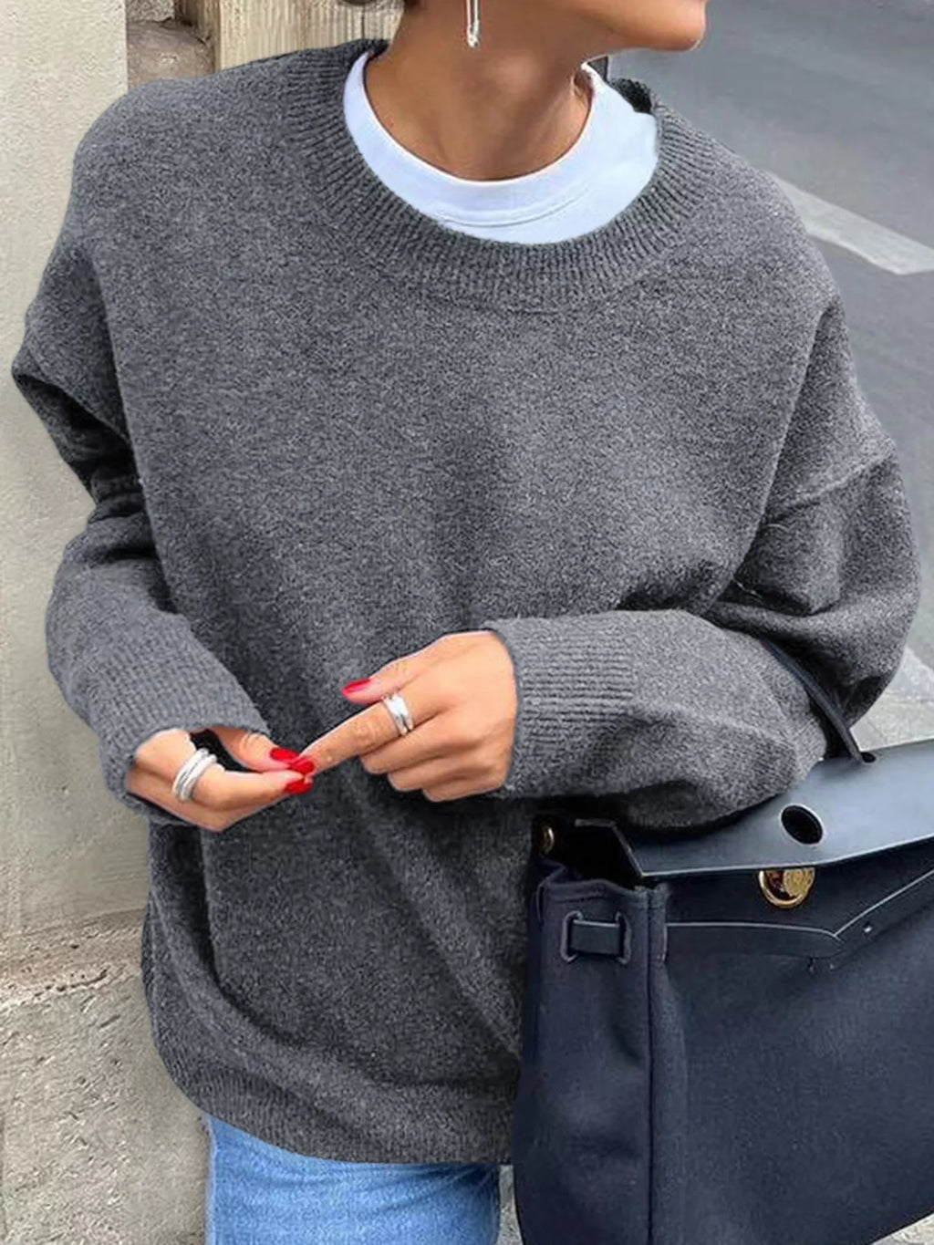 Ribbed Round Neck Dropped Shoulder Sweater